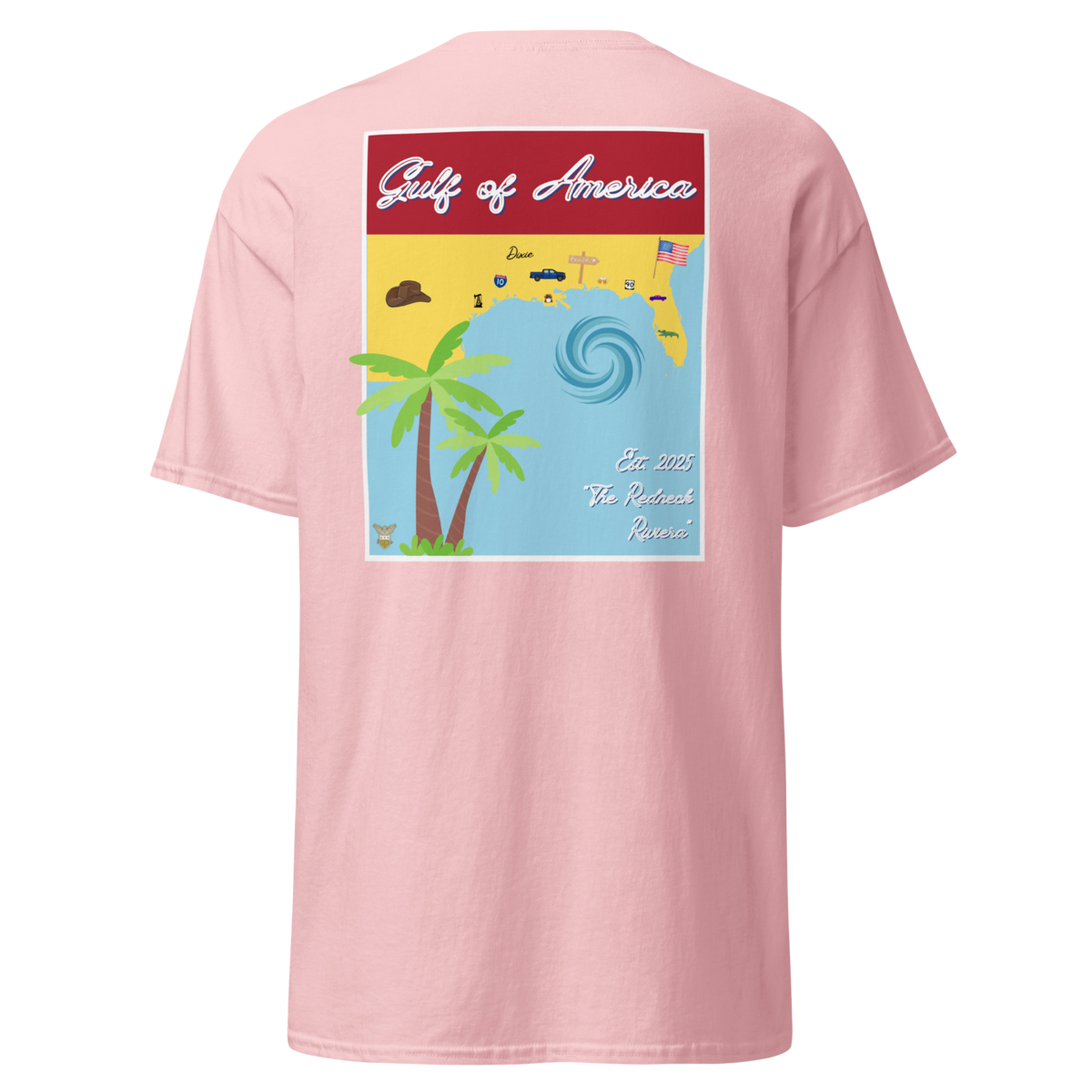 Pink t-shirt with the Gulf of America retro travel poster design