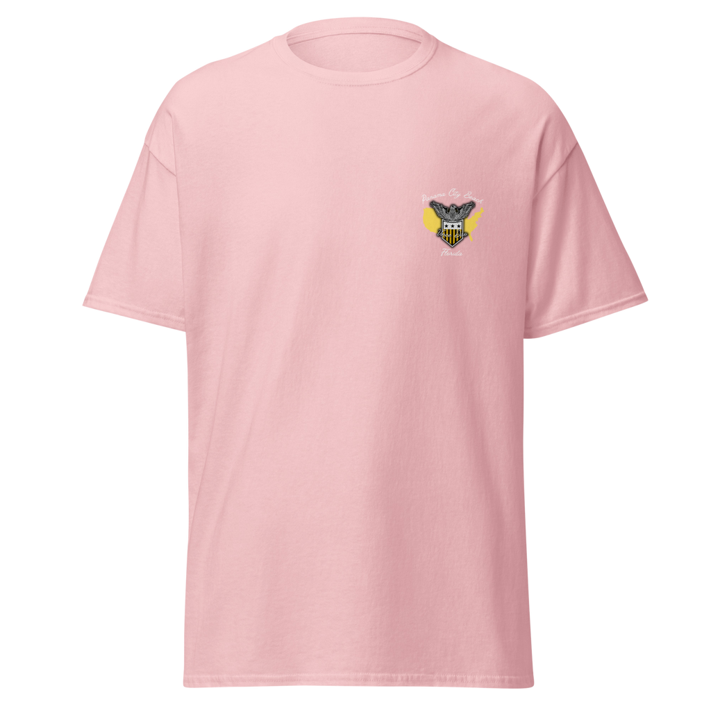 Pink t-shirt with a small palm tree and sun emblem on the left chest