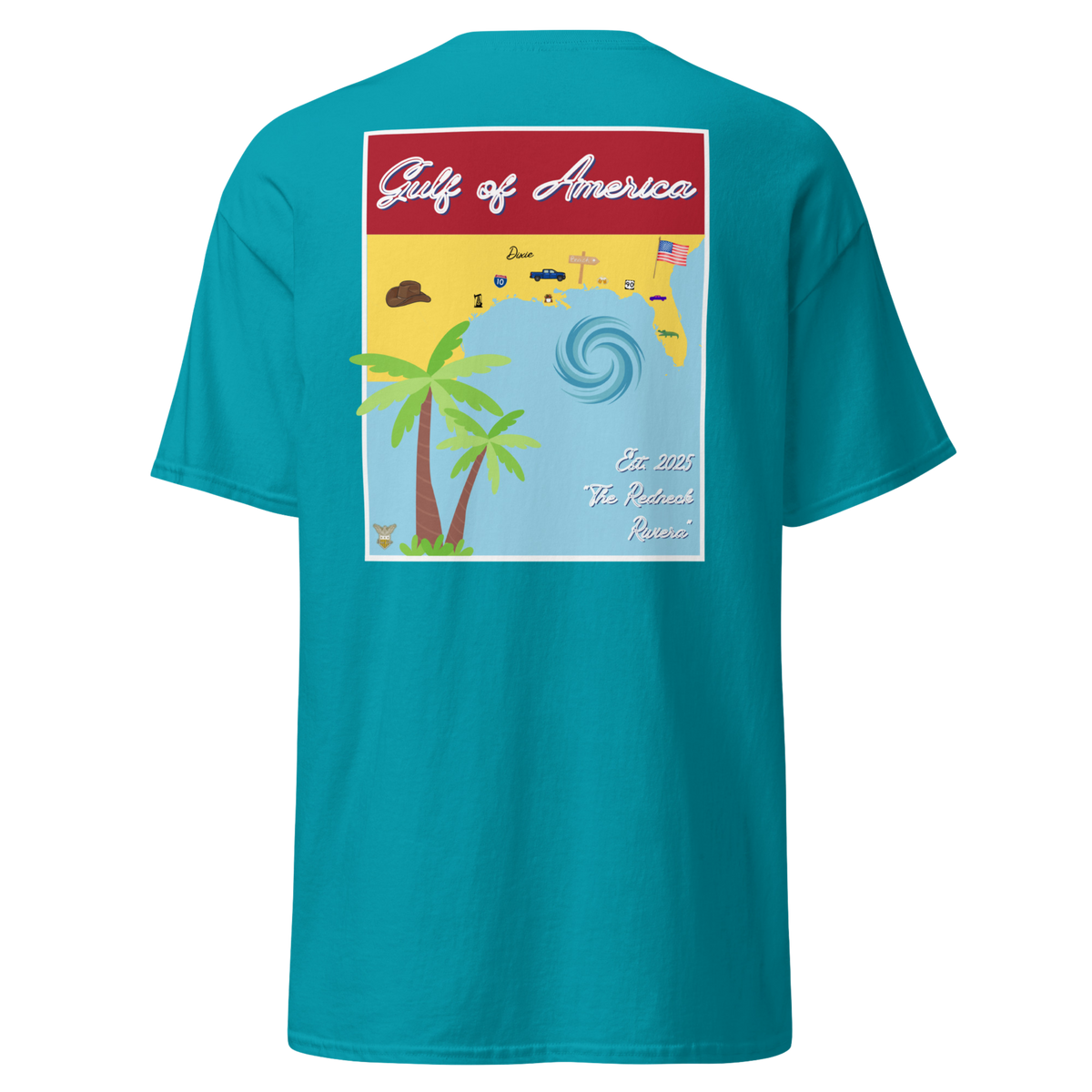 Teal t-shirt with the Gulf of America retro travel poster design
