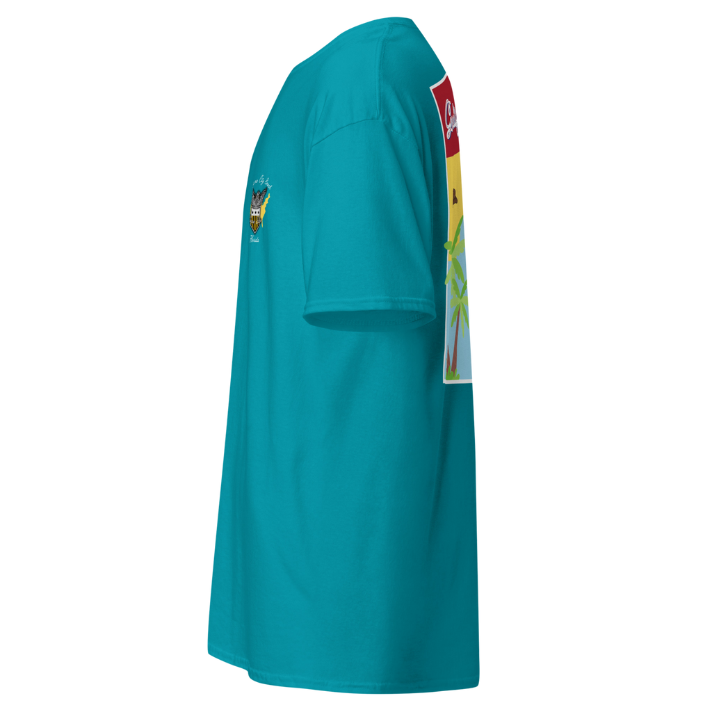 Teal t-shirt shown from the side, showing the sleeve