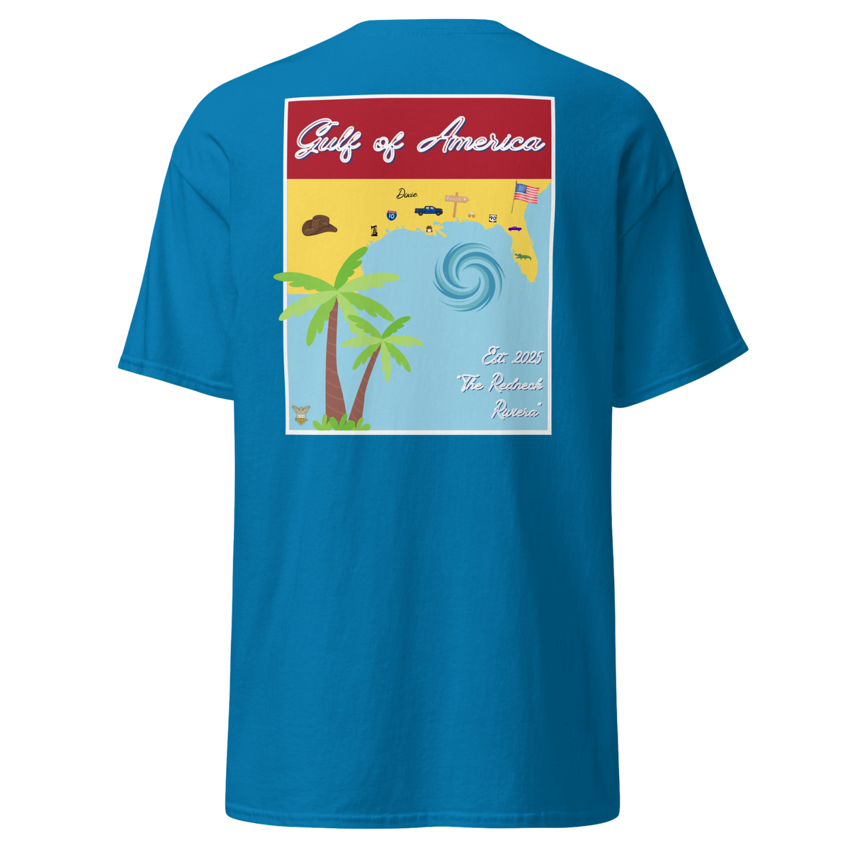 Blue t-shirt with the Gulf of America retro travel poster design