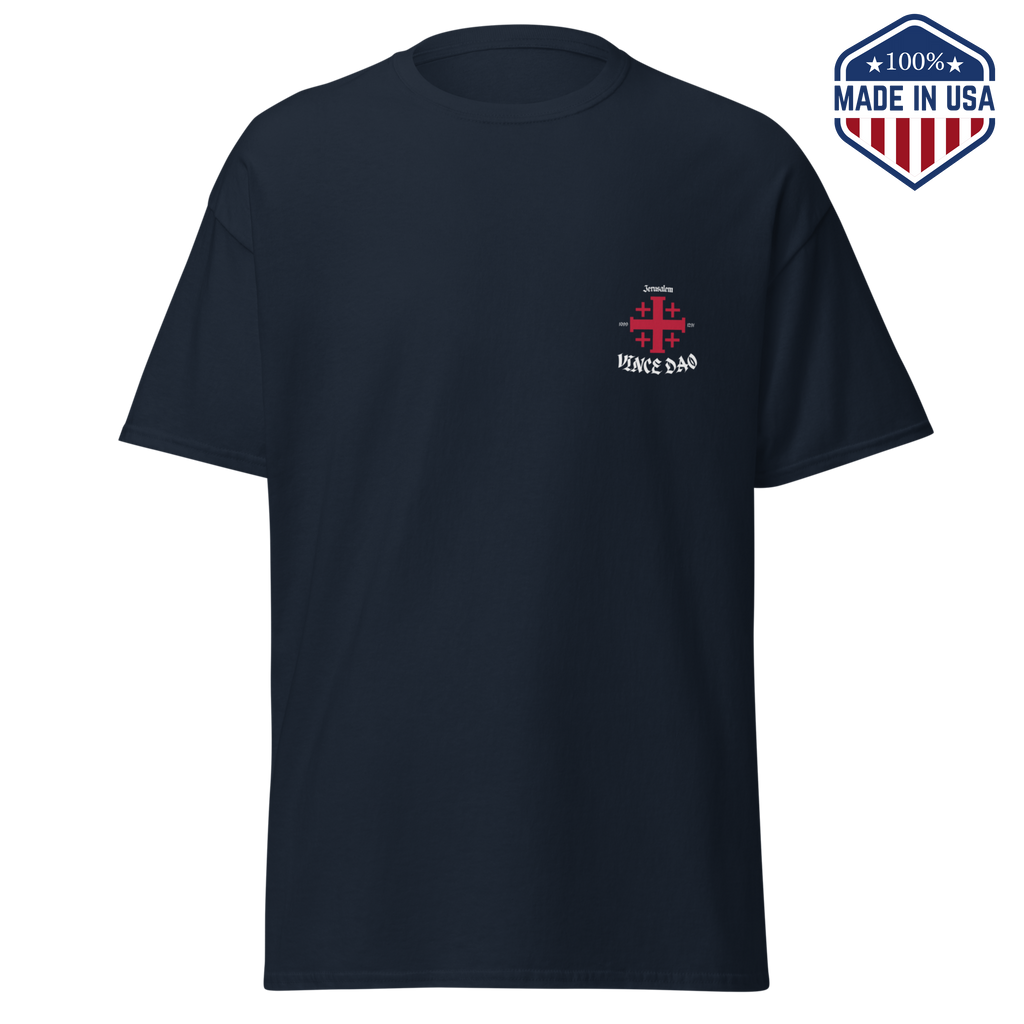 Navy t-shirt with a small red cross emblem on the left chest