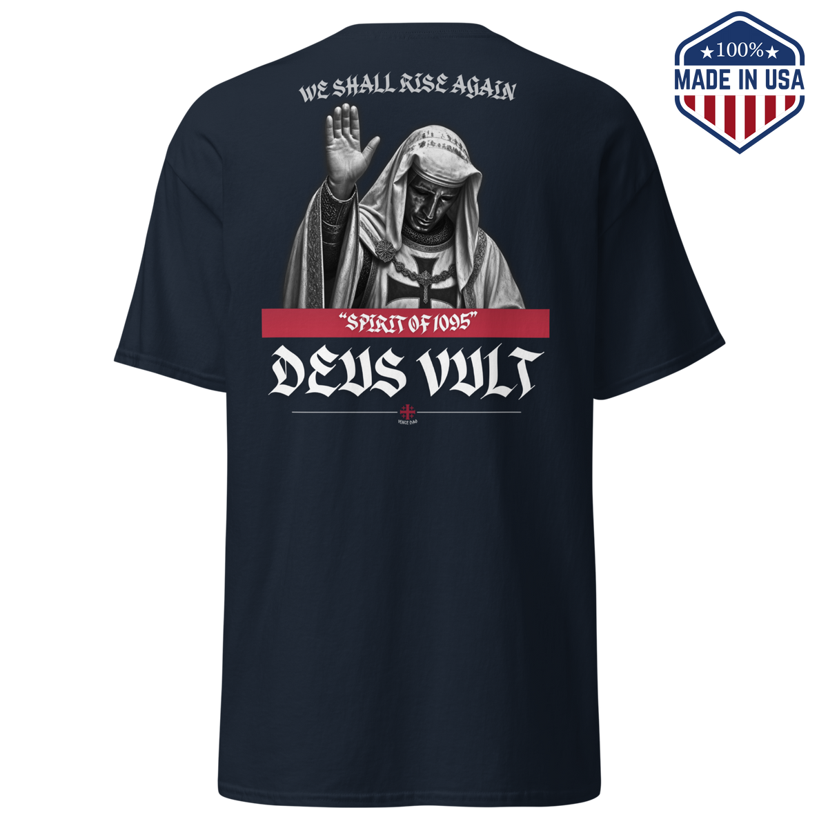 Navy t-shirt with the Deus Vult design showing a hooded crusader figure