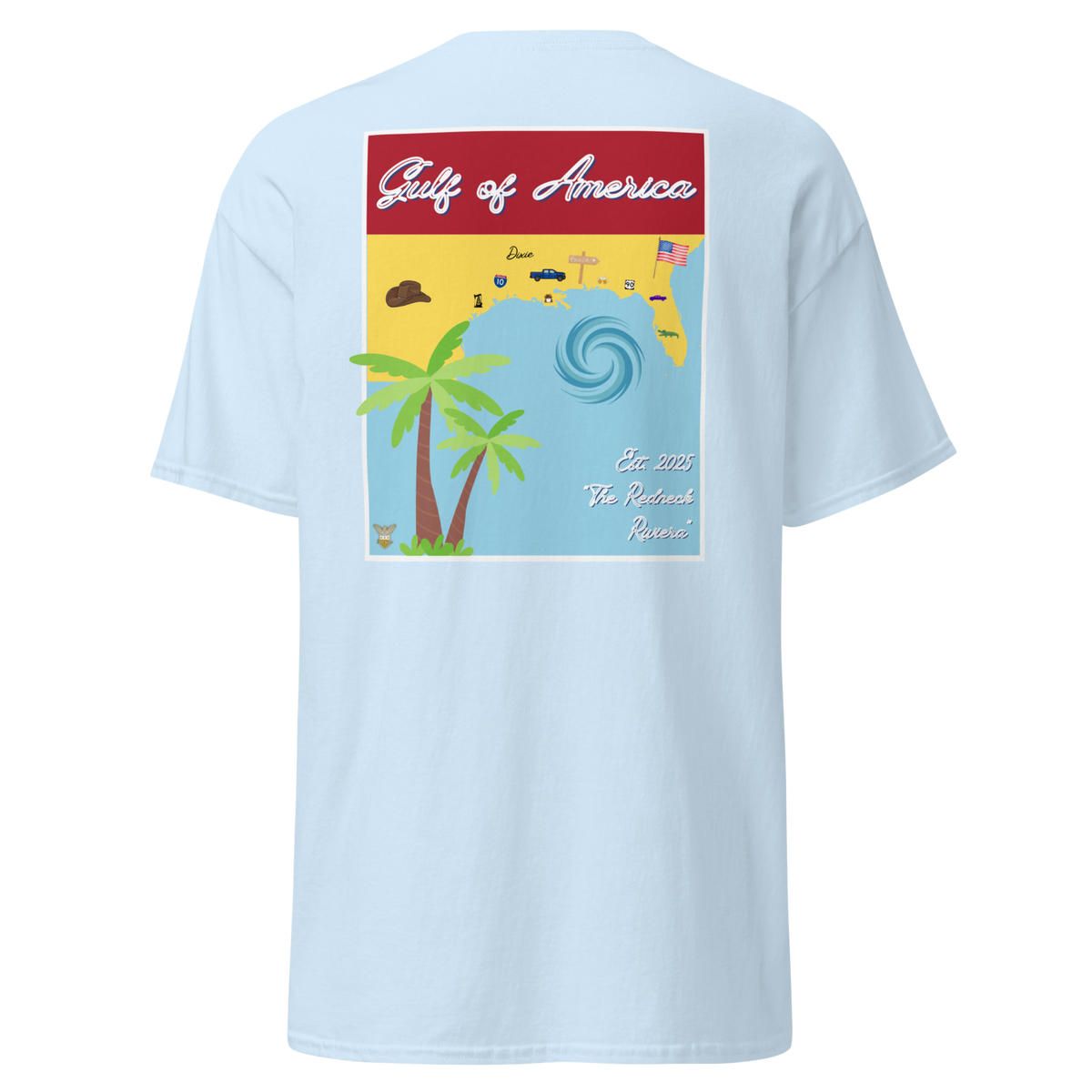 Light blue t-shirt with the Gulf of America retro travel poster design