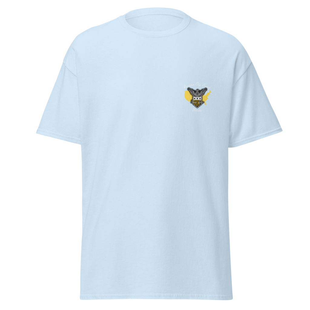 Light blue t-shirt with a small palm tree and sun emblem on the left chest
