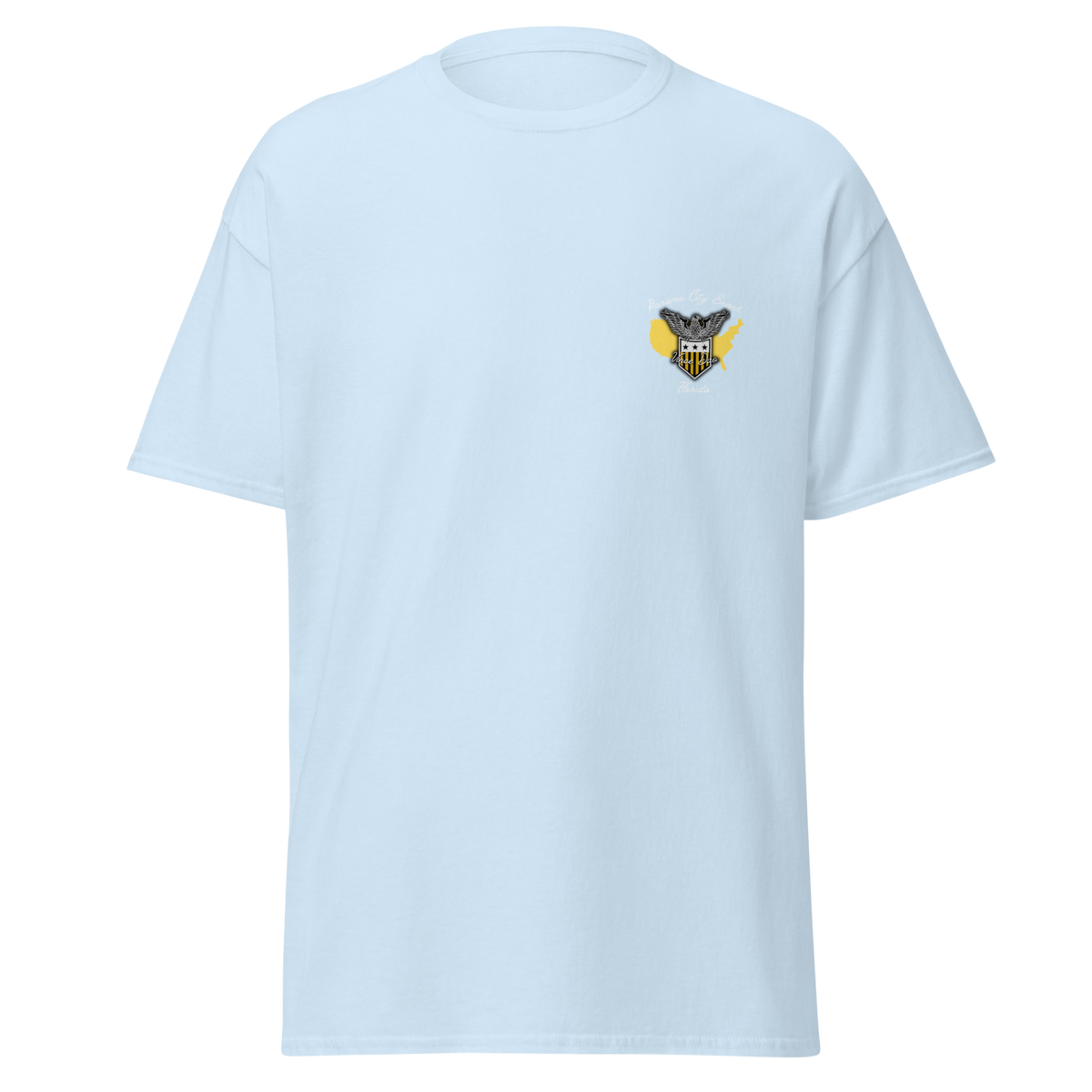 Light blue t-shirt with a small palm tree and sun emblem on the left chest