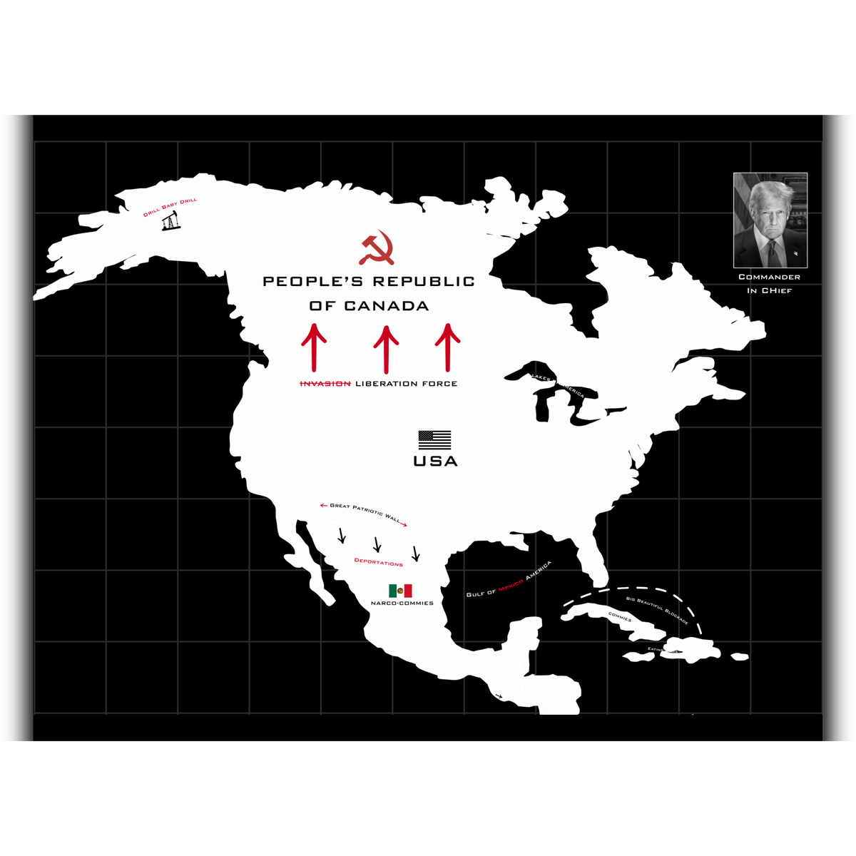 Monroe Doctrine artwork showing a map of North America with the words Our Hemisphere, Our Rules