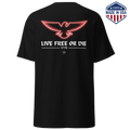 Black t-shirt with a red outlined eagle above the words Live Free Or Die and the year 1776