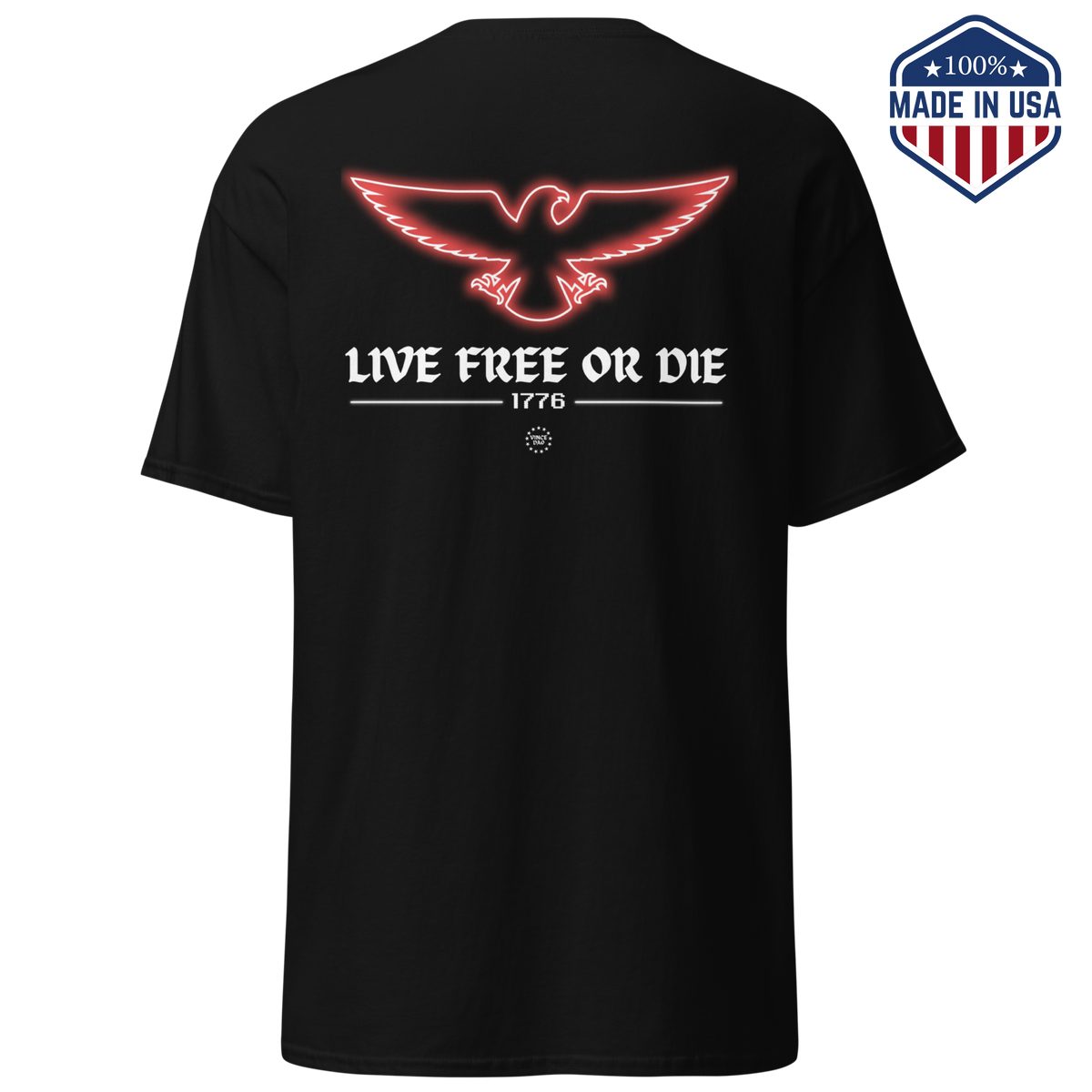Black t-shirt with a red outlined eagle above the words Live Free Or Die and the year 1776