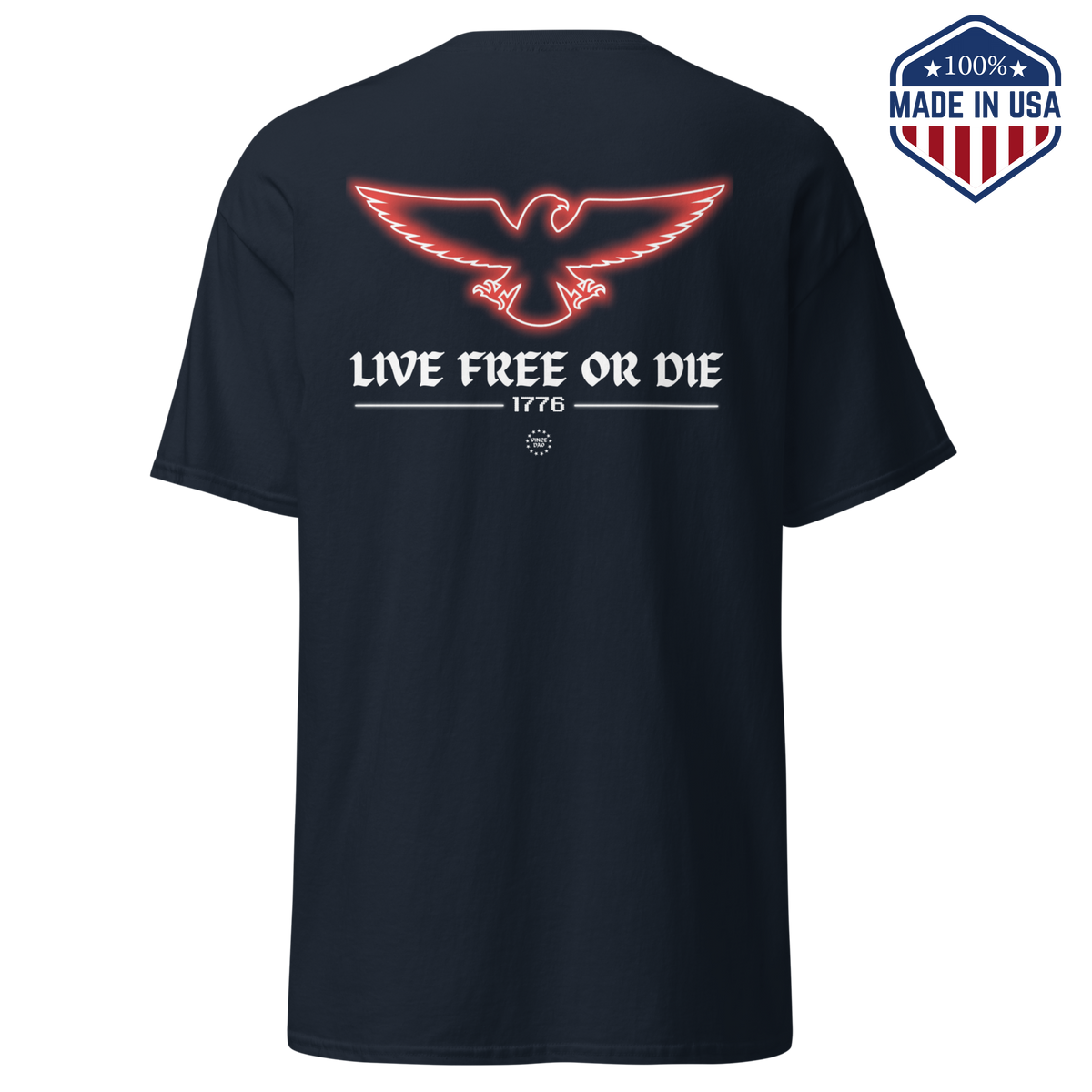Dark navy t-shirt with a red outlined eagle above the words Live Free Or Die and the year 1776