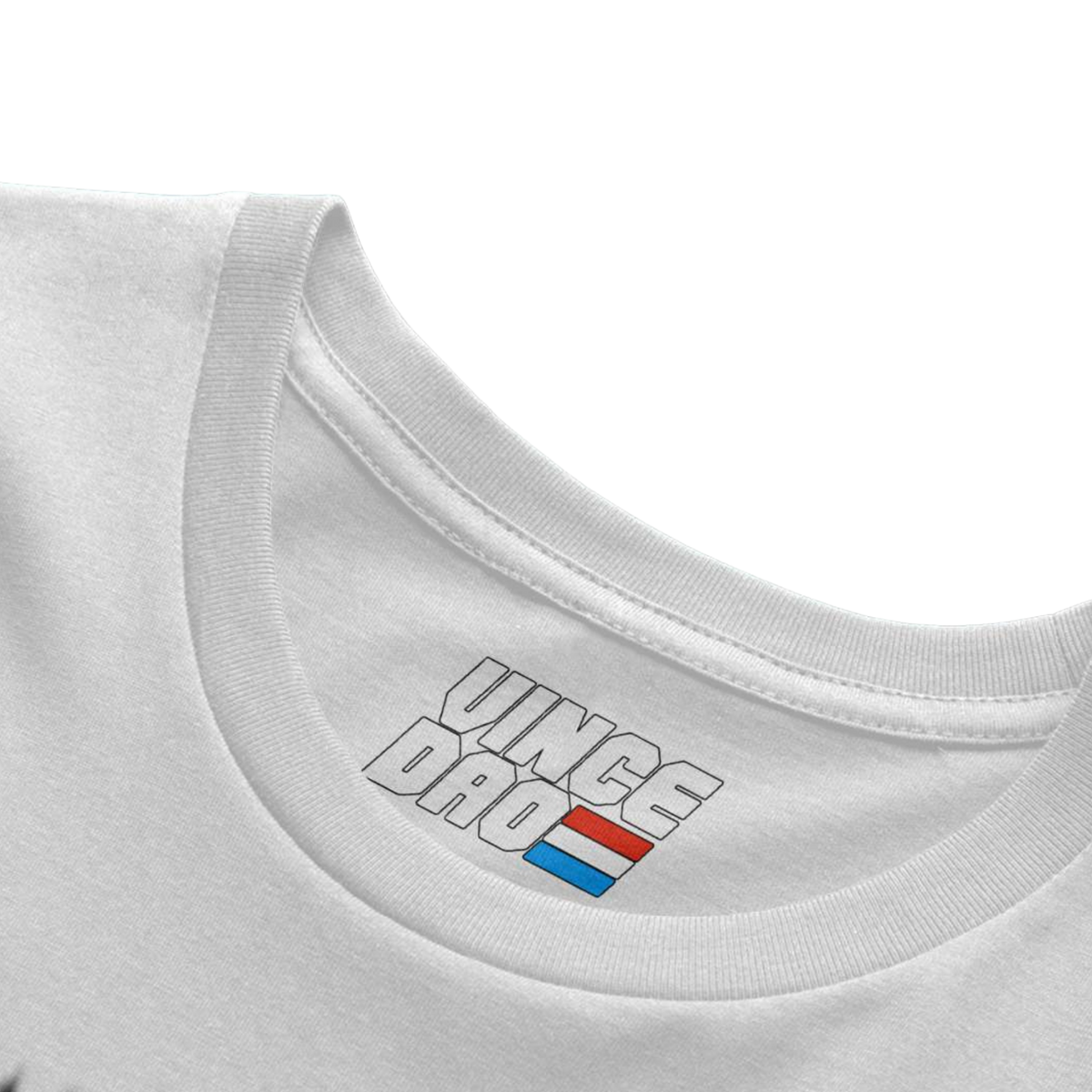 Close-up of a white t-shirt collar showing the woven Vince Dao inside neck tag