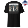 Black t-shirt with the Found Out commemorative photo collage design