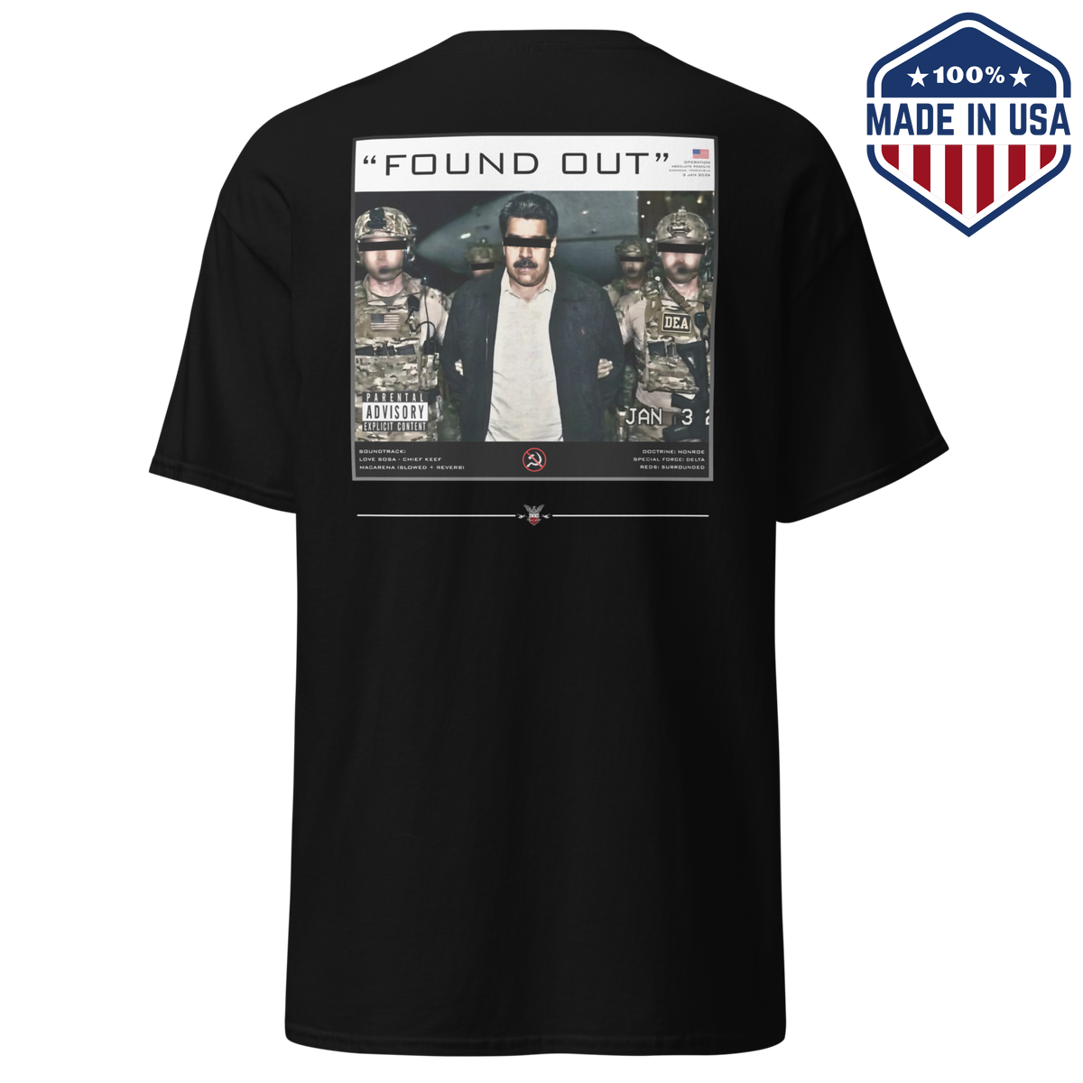 Black t-shirt with the Found Out commemorative photo collage design