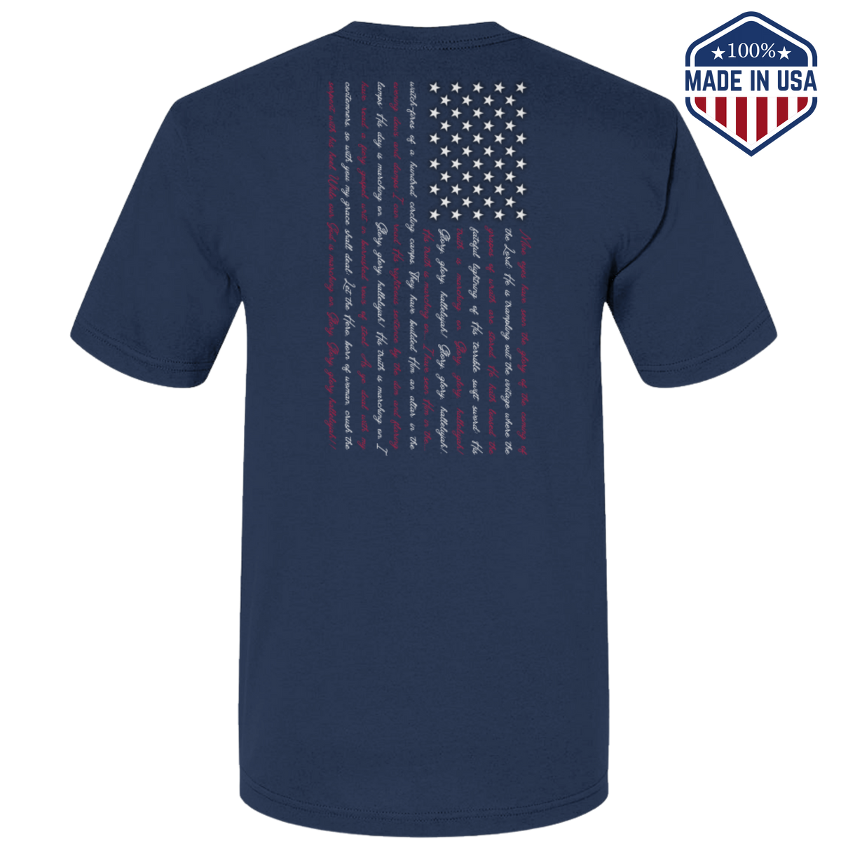 Heather navy t-shirt with the Battle Hymn of the Republic design showing a vertical American flag in lyrics