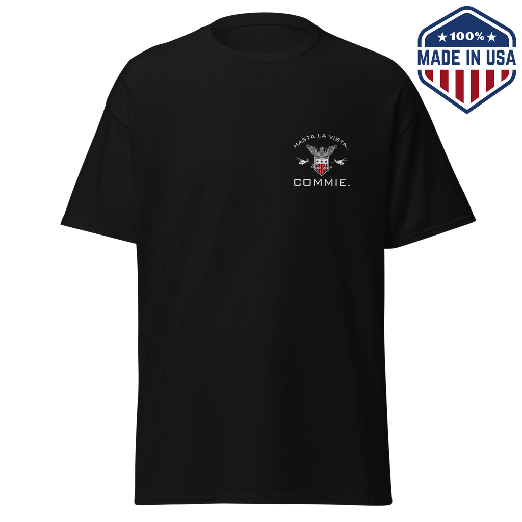 Black t-shirt with a small Hasta La Vista Commie emblem on the left chest