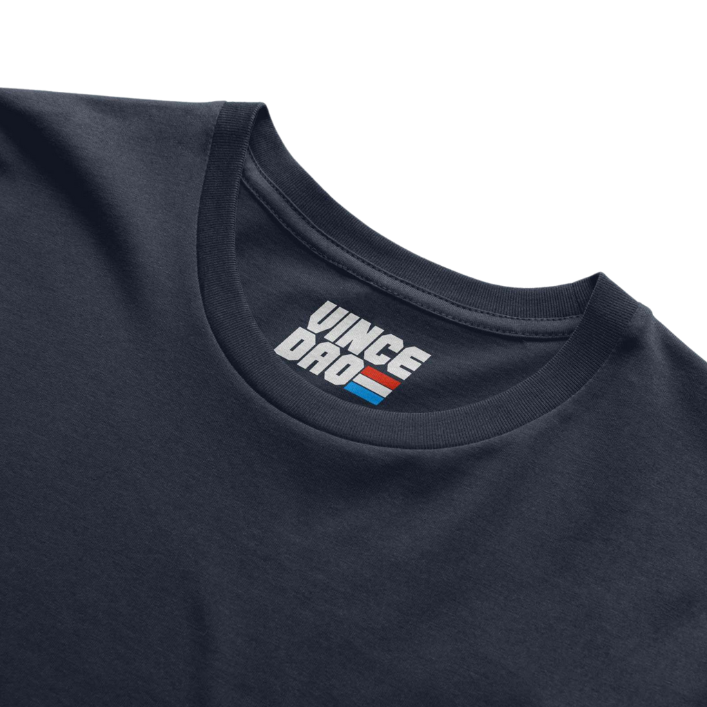Close-up of a navy t-shirt collar showing the woven Vince Dao inside neck tag