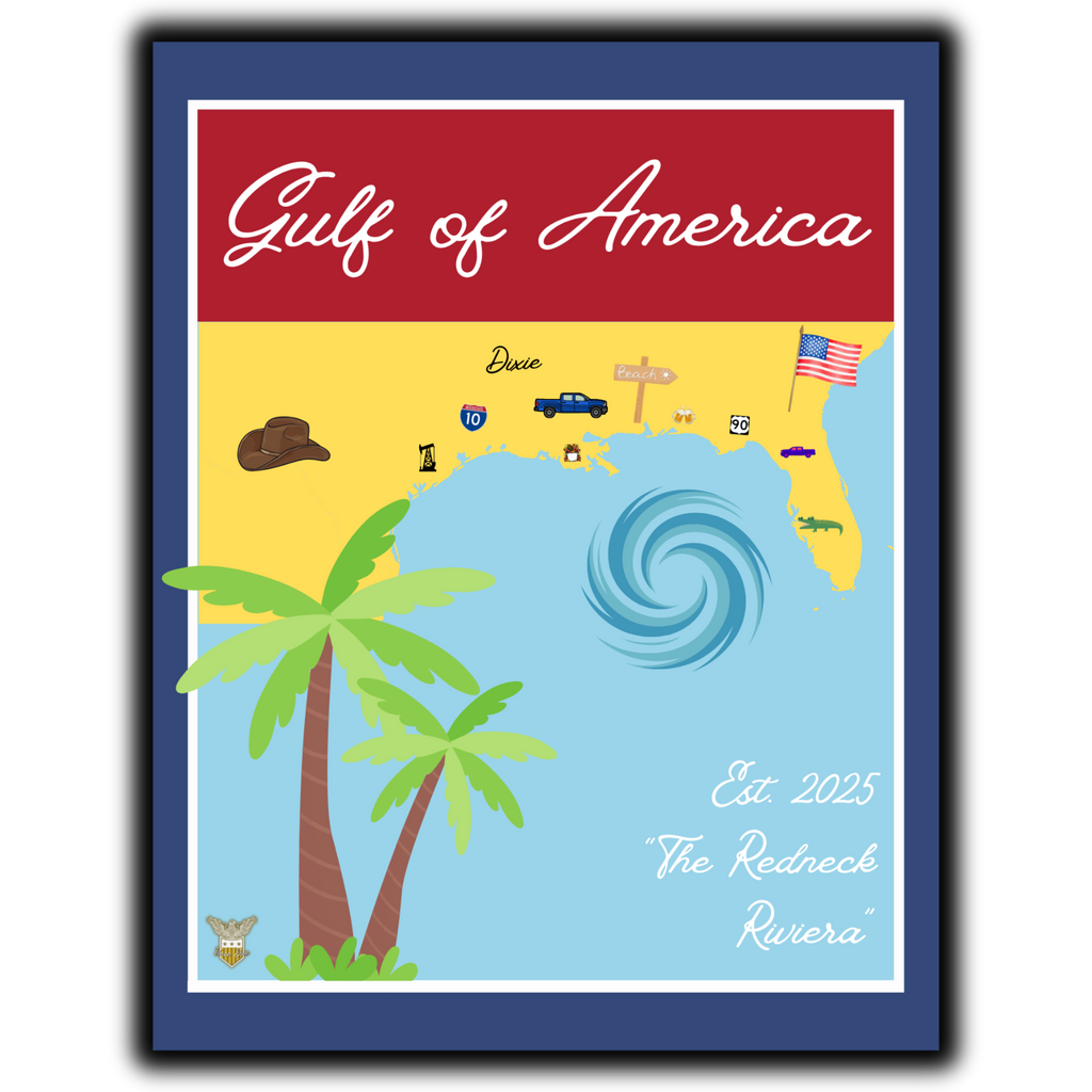 Gulf of America retro travel poster artwork with palm trees, a hurricane swirl and a map of Florida