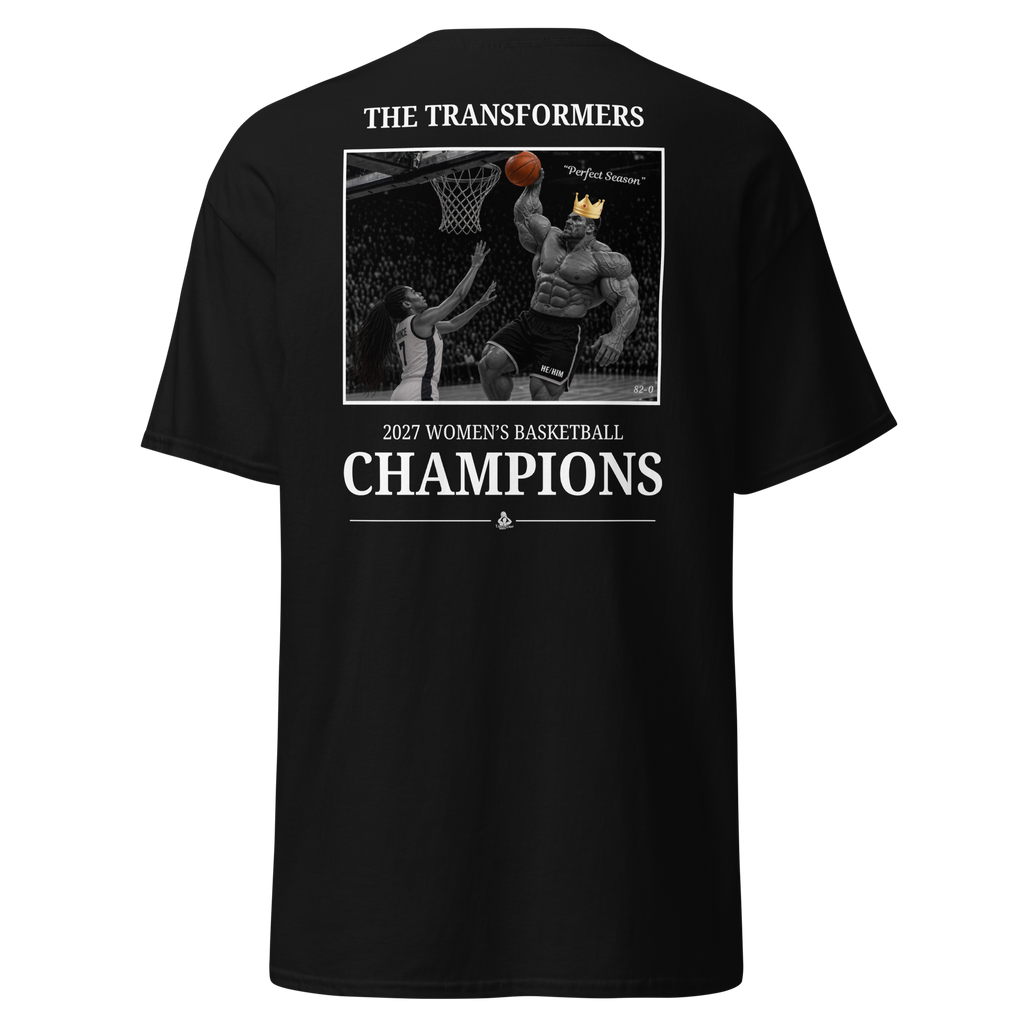 Black t-shirt with The Transformers 2027 Women's Basketball Champions photo design