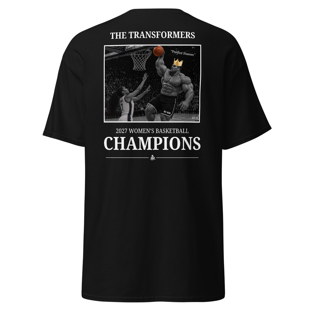 Black t-shirt with The Transformers 2027 Women's Basketball Champions photo design
