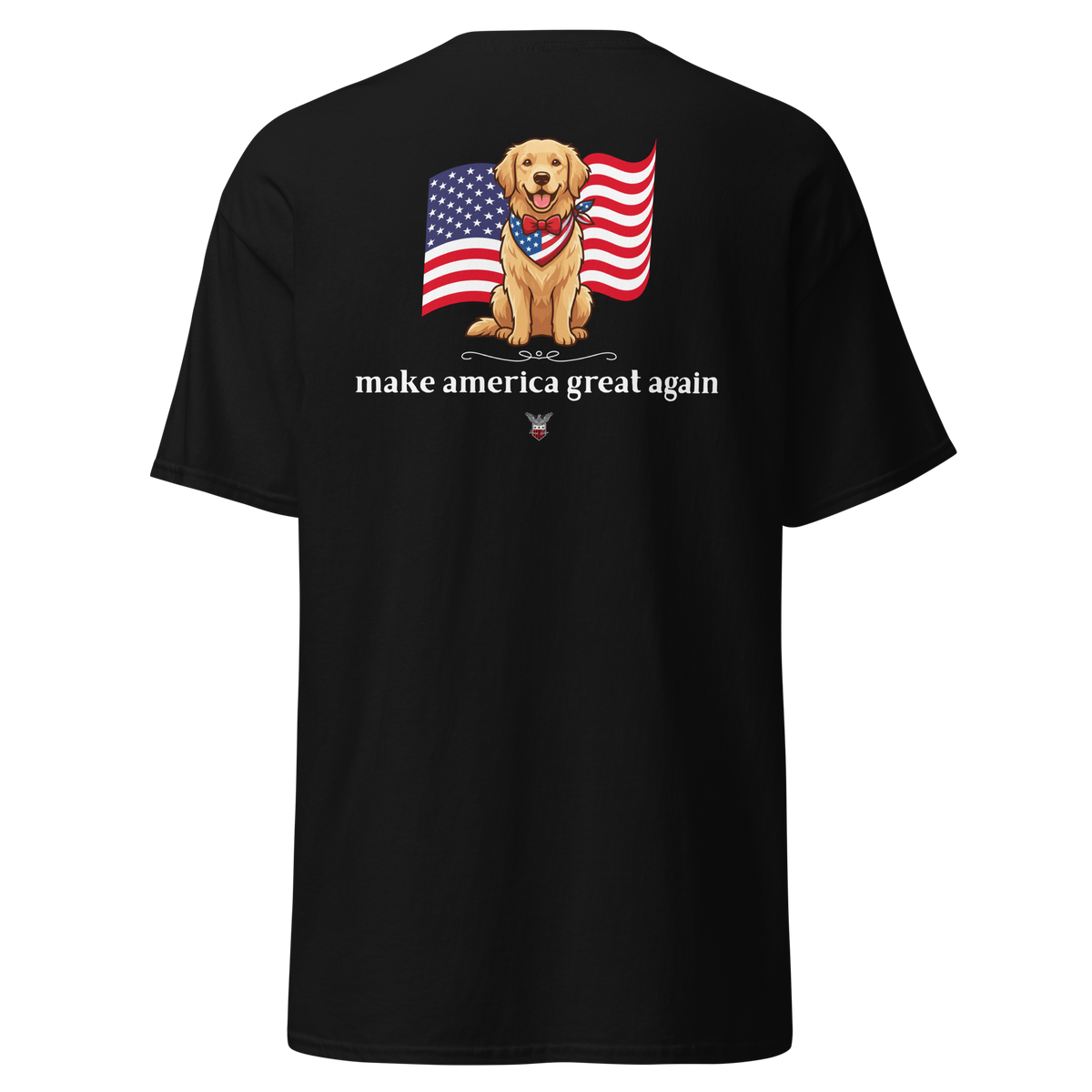Black t-shirt with a golden retriever holding an American flag above the words make america great again