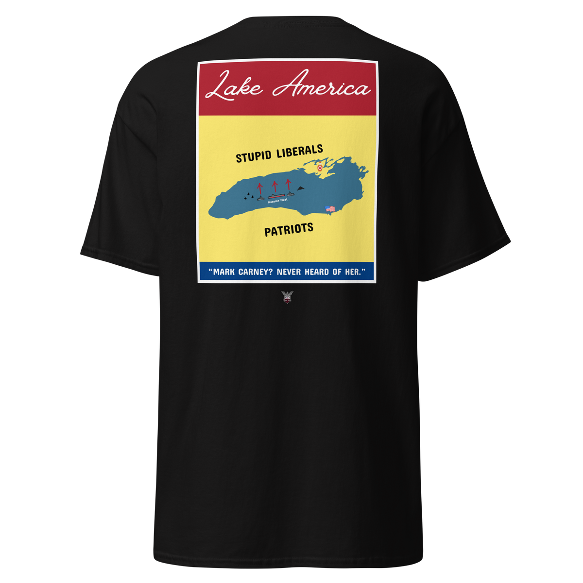 Black t-shirt with the Lake America retro poster artwork and a yellow map of the lake