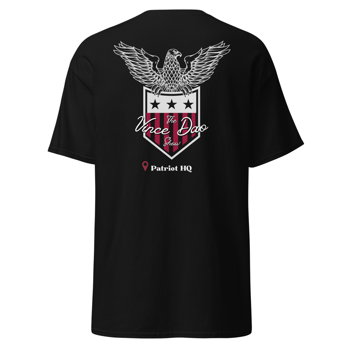 Black t-shirt with the Vince Dao eagle and shield crest above the words Patriot HQ