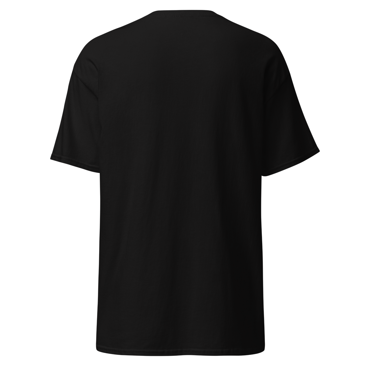 Black t-shirt shown from the front with a small chest print