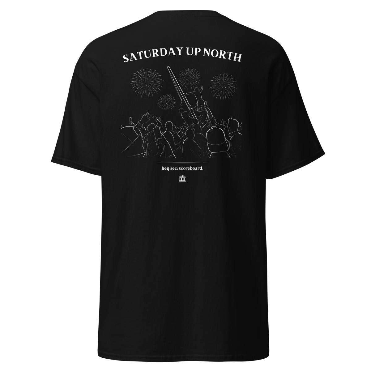 Black t-shirt with the Saturday Up North stadium crowd and fireworks design