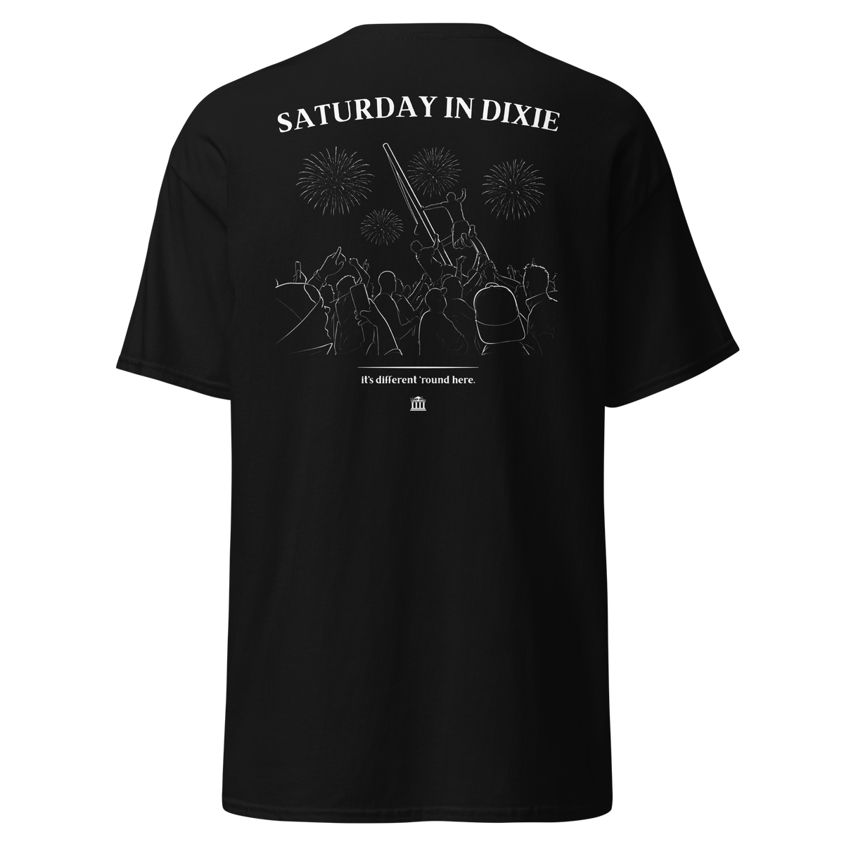Black t-shirt with the Saturday in Dixie stadium crowd and fireworks design