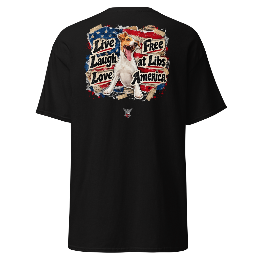Black t-shirt with a colorful Live Laugh Love collage featuring a laughing dog and American flags