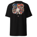 Black t-shirt with a colorful Live Laugh Love collage featuring a laughing dog and American flags