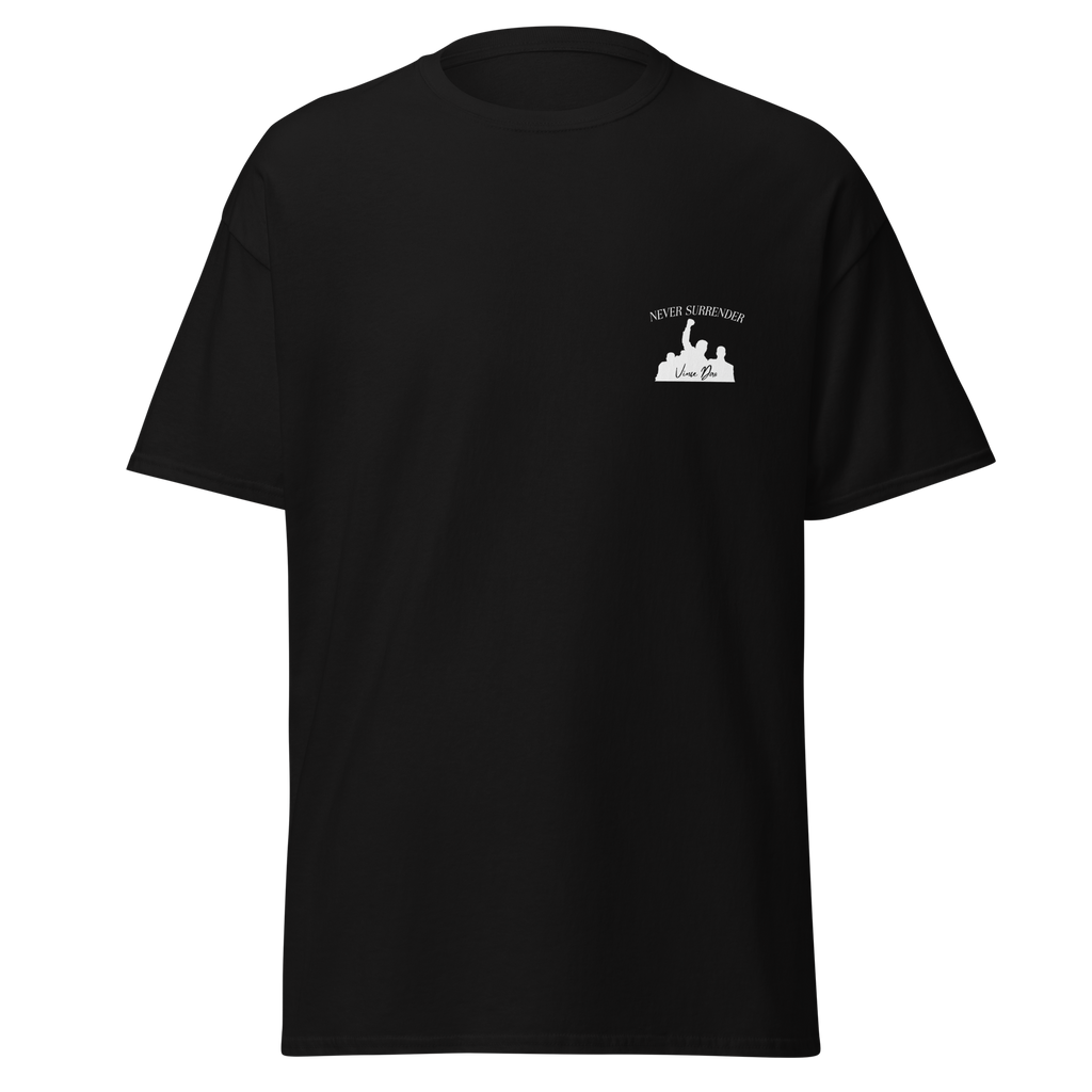 Black t-shirt with a small white fist-and-podium emblem on the left chest
