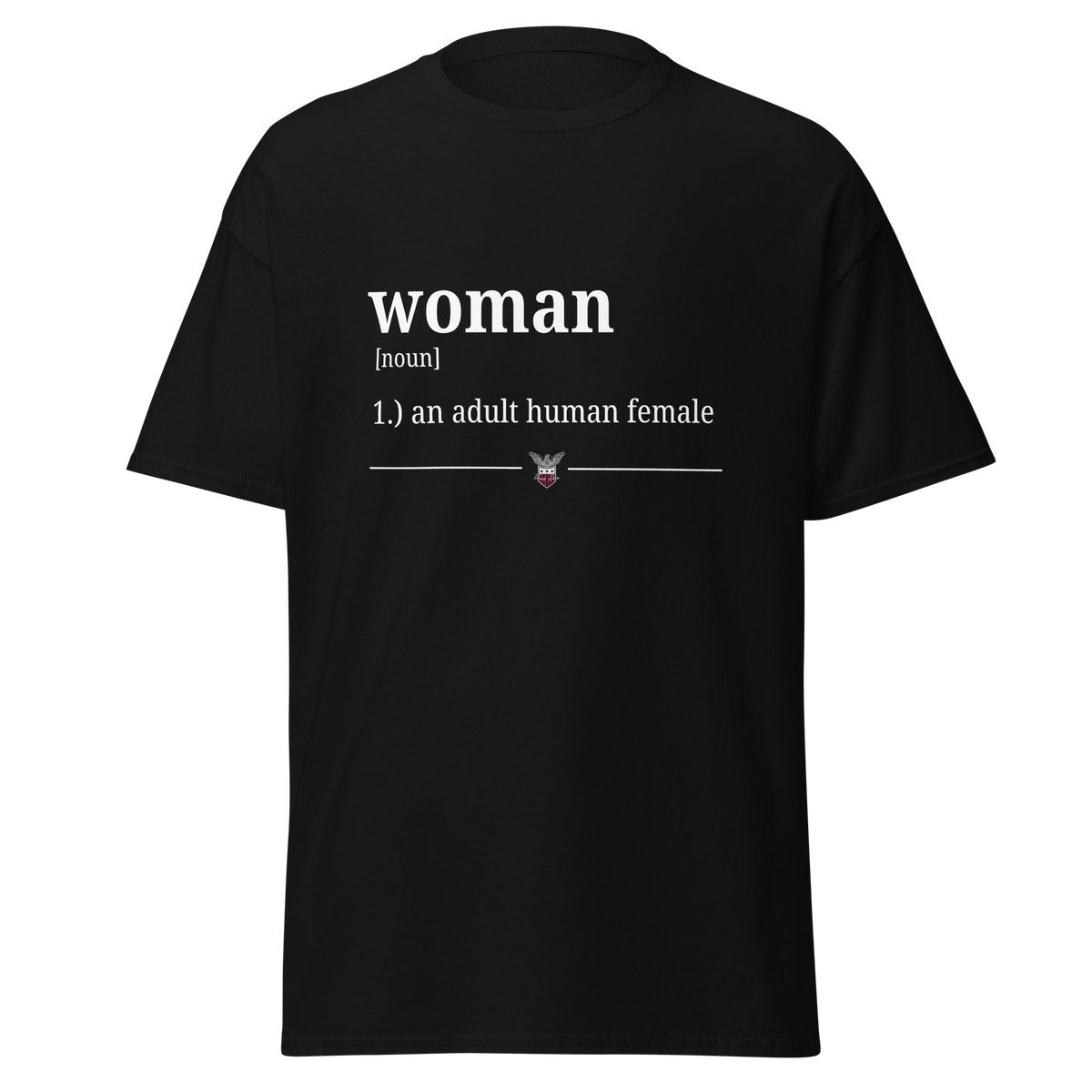 Black t-shirt printed with the dictionary definition of woman, an adult human female