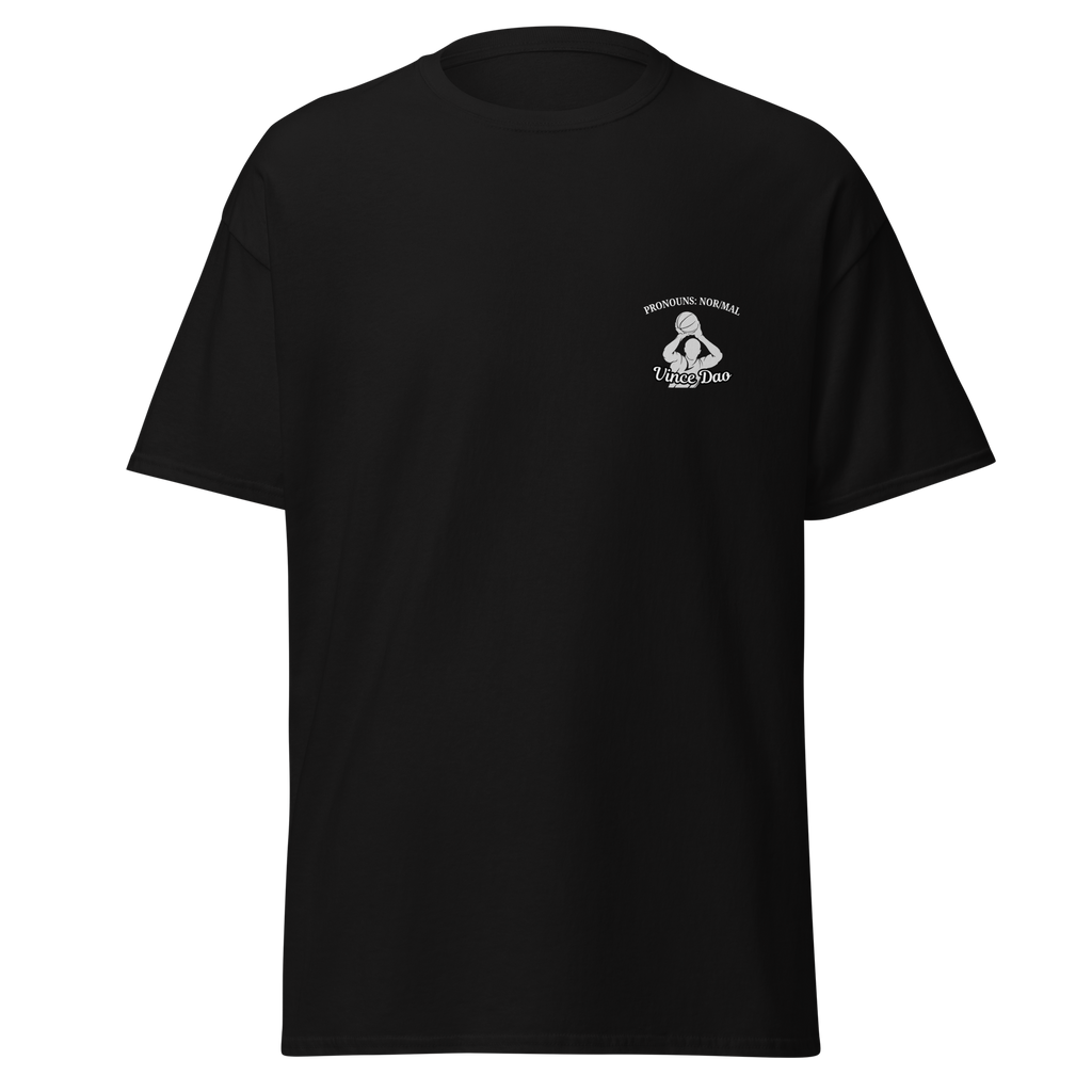 Black t-shirt with a small white basketball emblem on the left chest