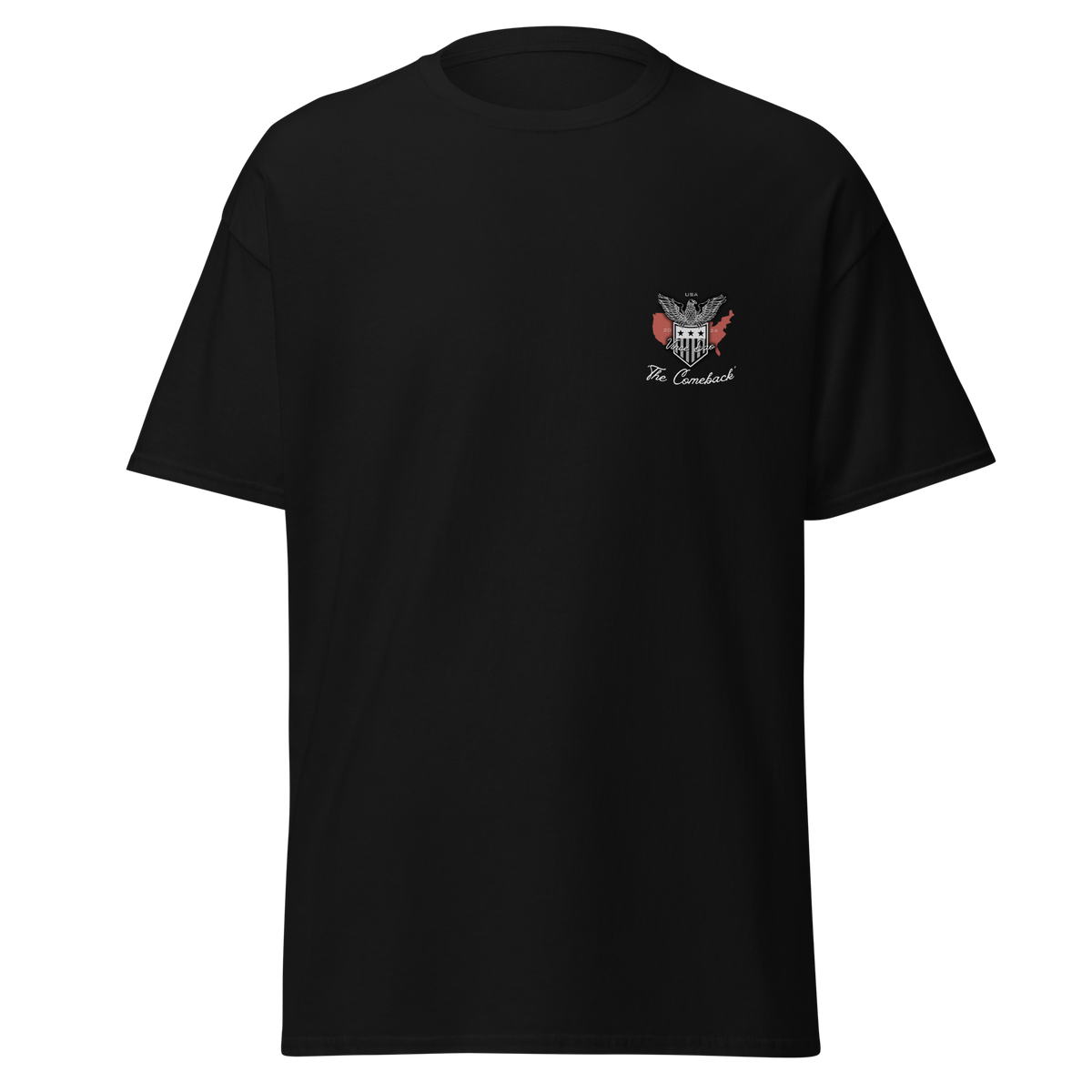 Black t-shirt with a small red and white eagle emblem on the left chest