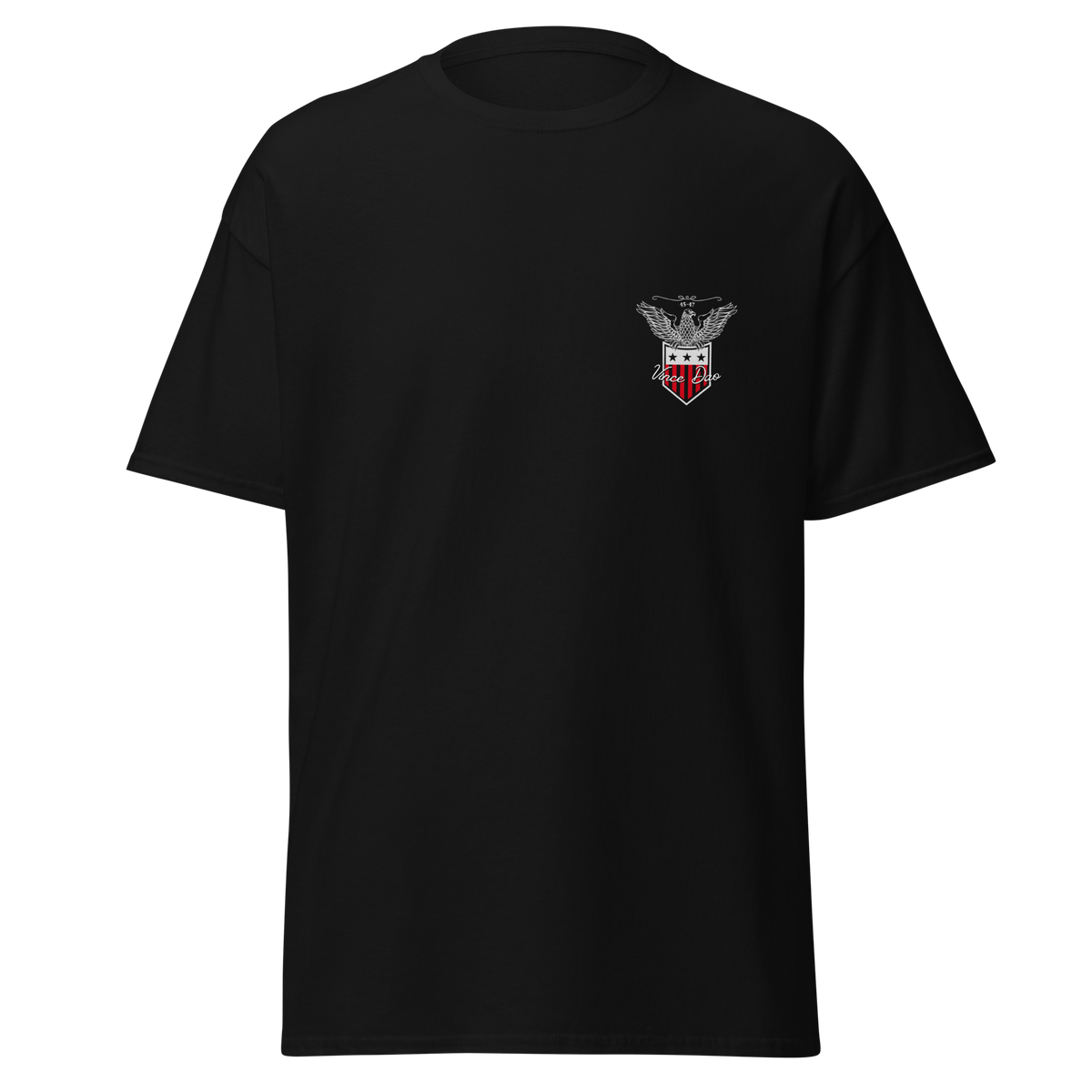 Black t-shirt with a small red and white shield crest on the left chest