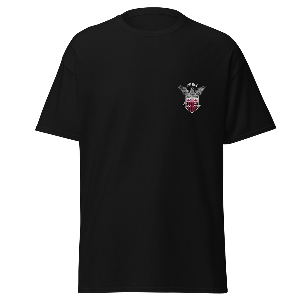 Black t-shirt with a small red and white shield crest on the left chest