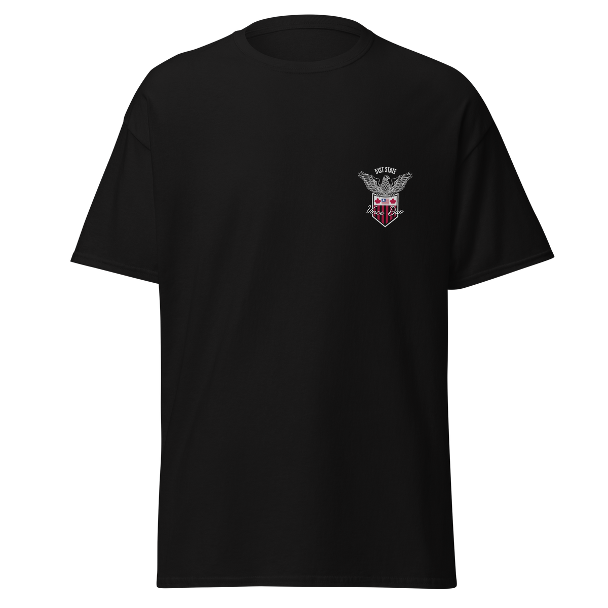 Black t-shirt with a small red and white shield crest on the left chest