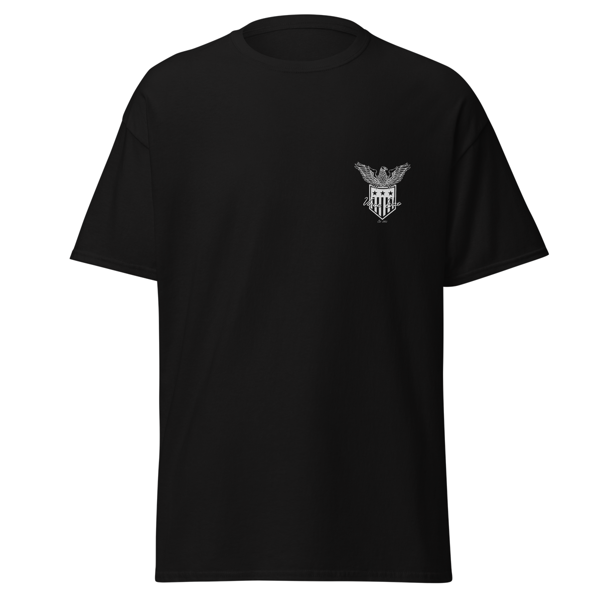 Black t-shirt with a small Vince Dao shield crest on the left chest