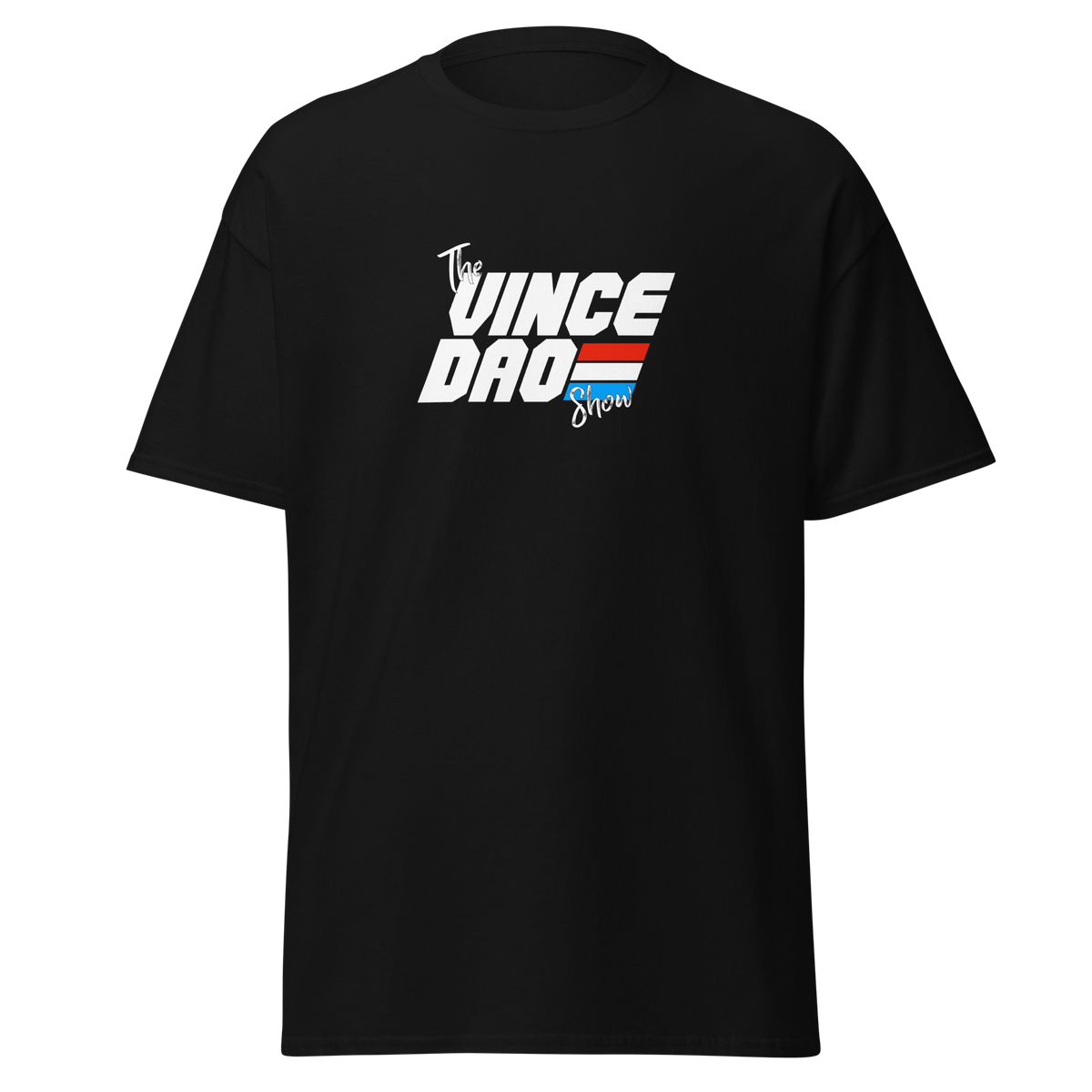 Black t-shirt with the Vince Dao Show logo in white with red and blue bars
