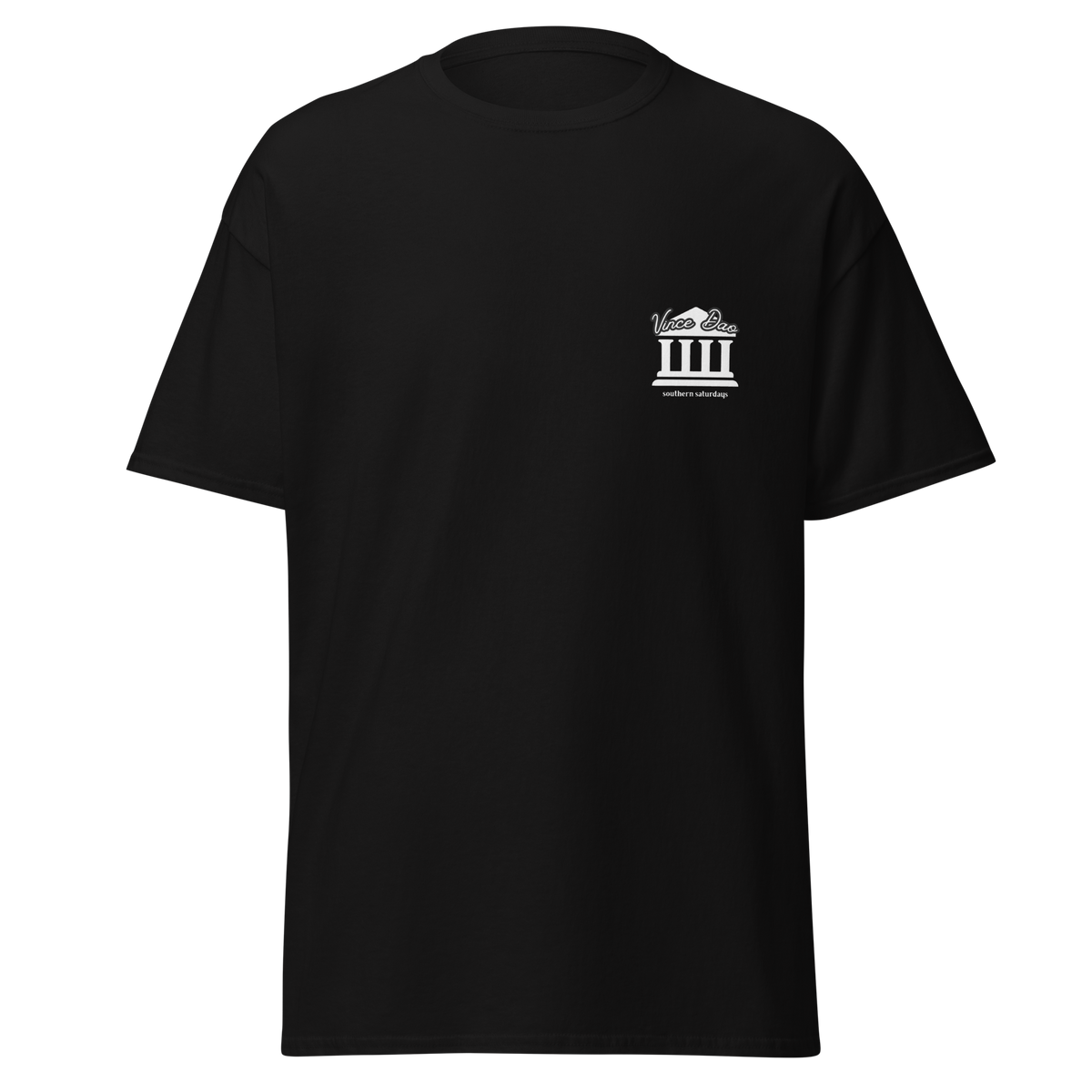 Black t-shirt with a small white columned building emblem on the left chest