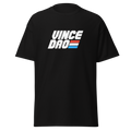 Black t-shirt with the bold Vince Dao block logo in white with red and blue bars