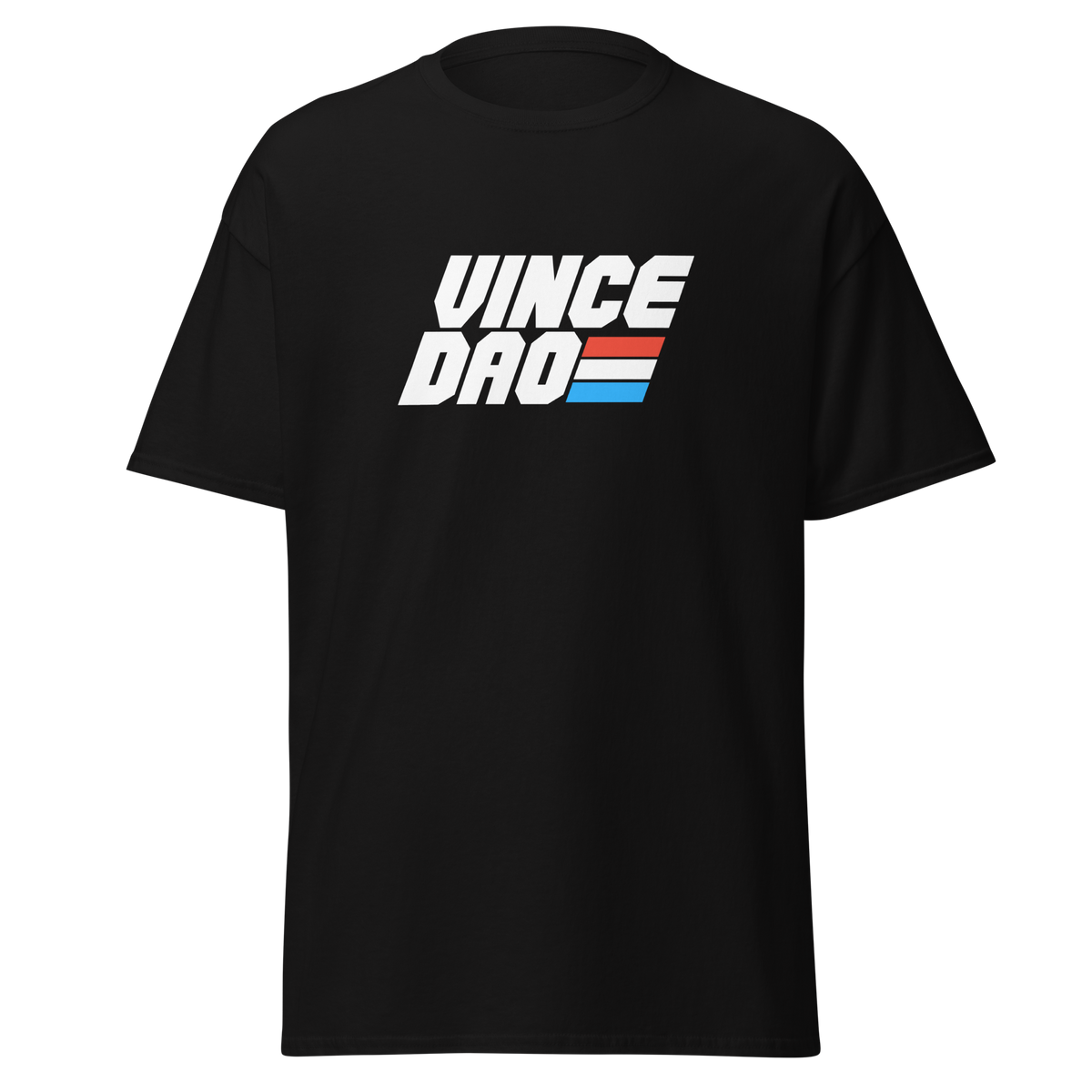 Black t-shirt with the bold Vince Dao block logo in white with red and blue bars