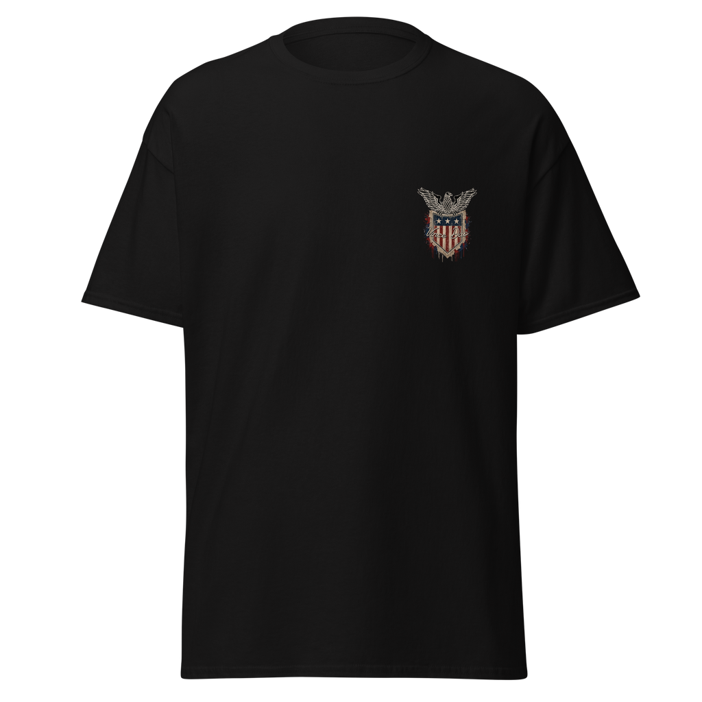 Black t-shirt with a small eagle and shield emblem on the left chest