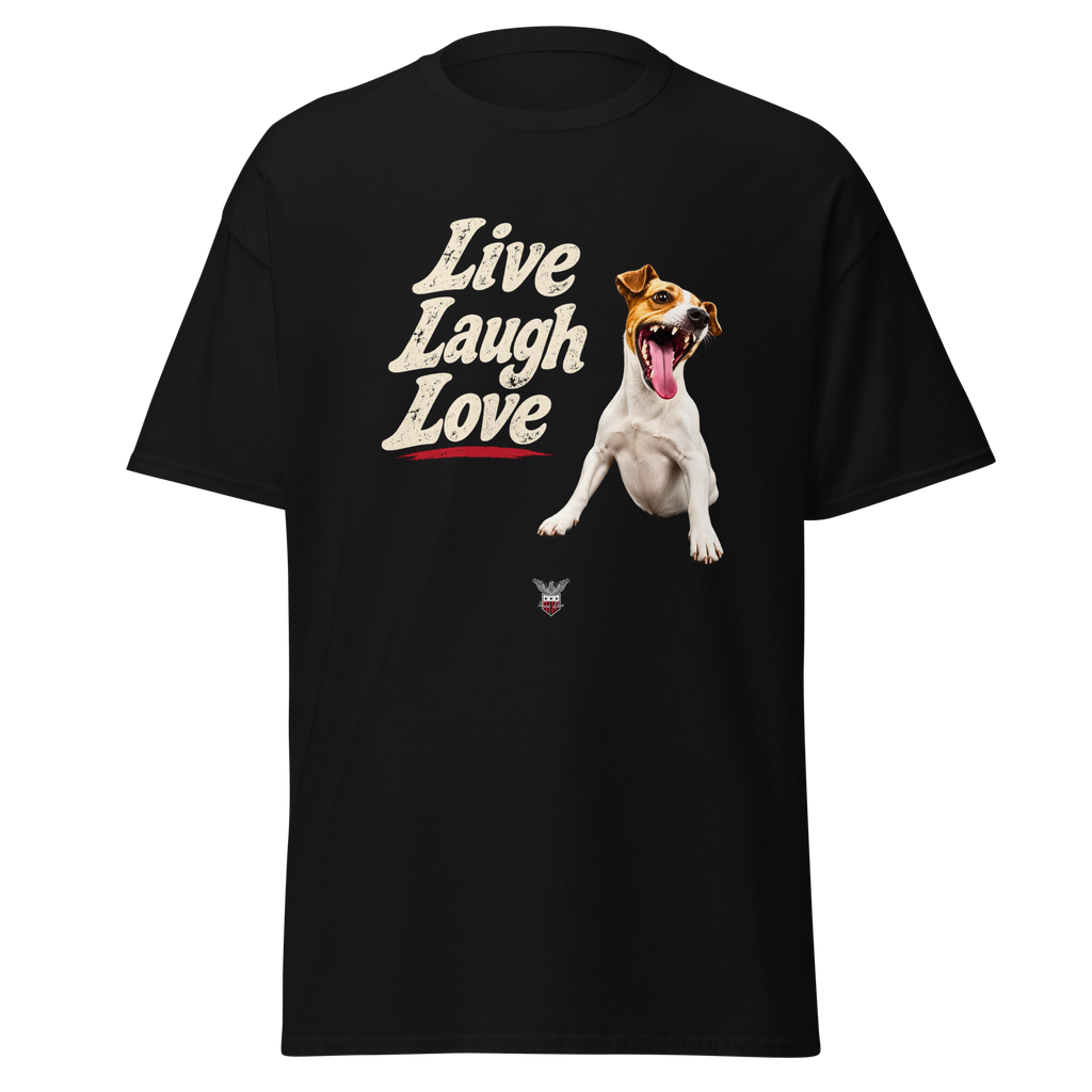 Black t-shirt with the Live Laugh Love design and a laughing dog