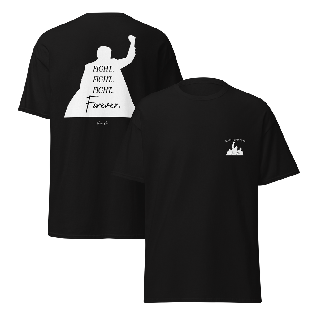 Two black t-shirts side by side, one with the Fight Fight Fight Forever design and one with the small chest emblem