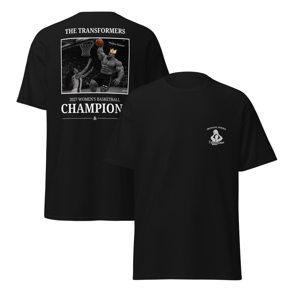Two black t-shirts shown together, one with the Transformers champions design and one with the small chest emblem