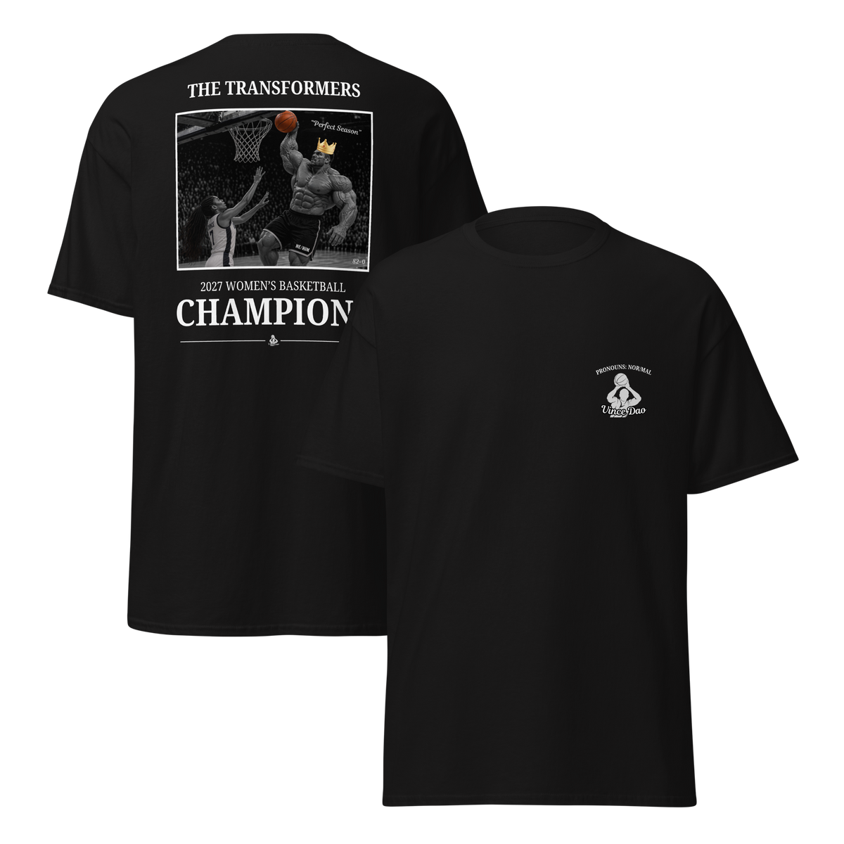 Two black t-shirts shown together, one with the Transformers champions design and one with the small chest emblem