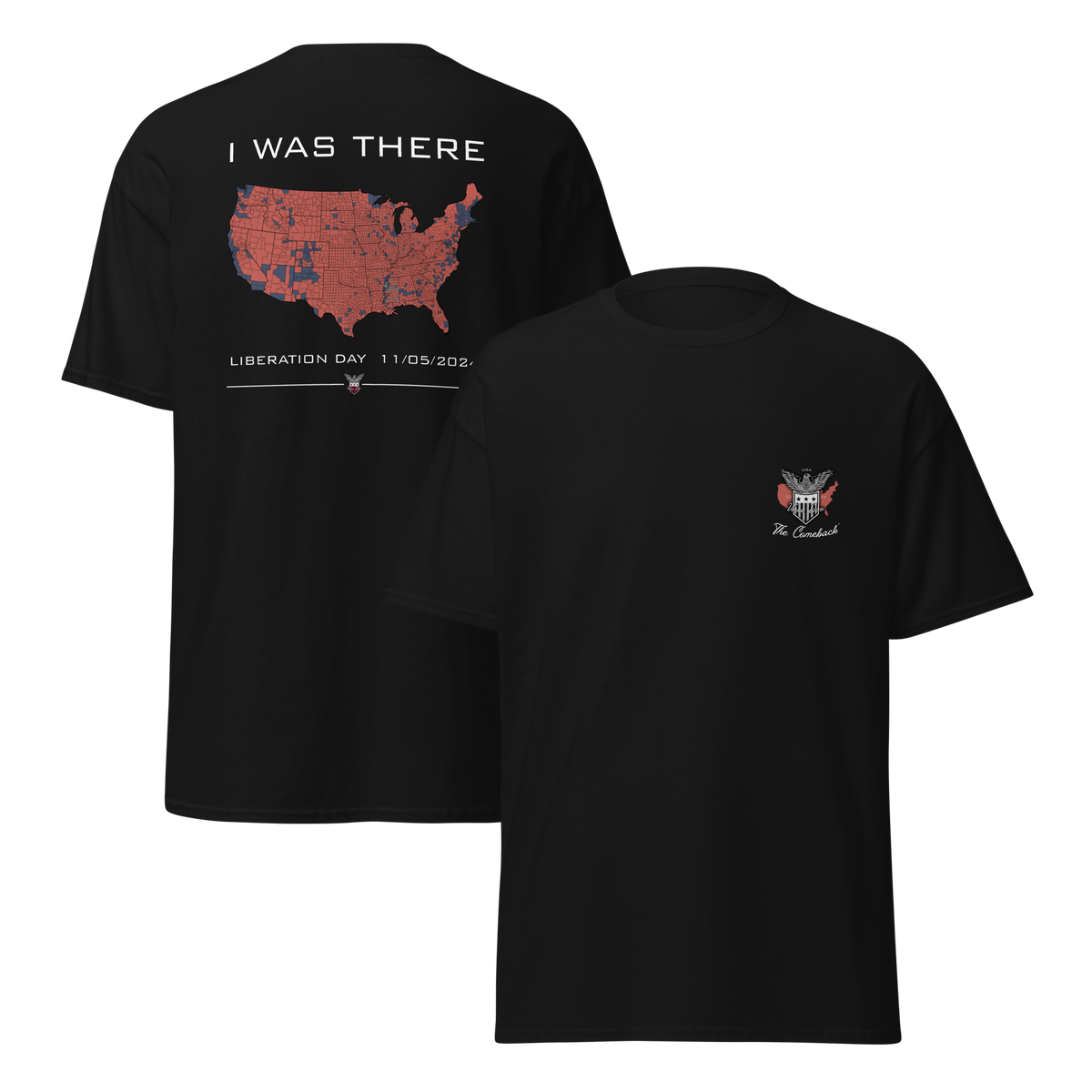 Two black t-shirts shown together, one with the I Was There map design and one with the small chest emblem