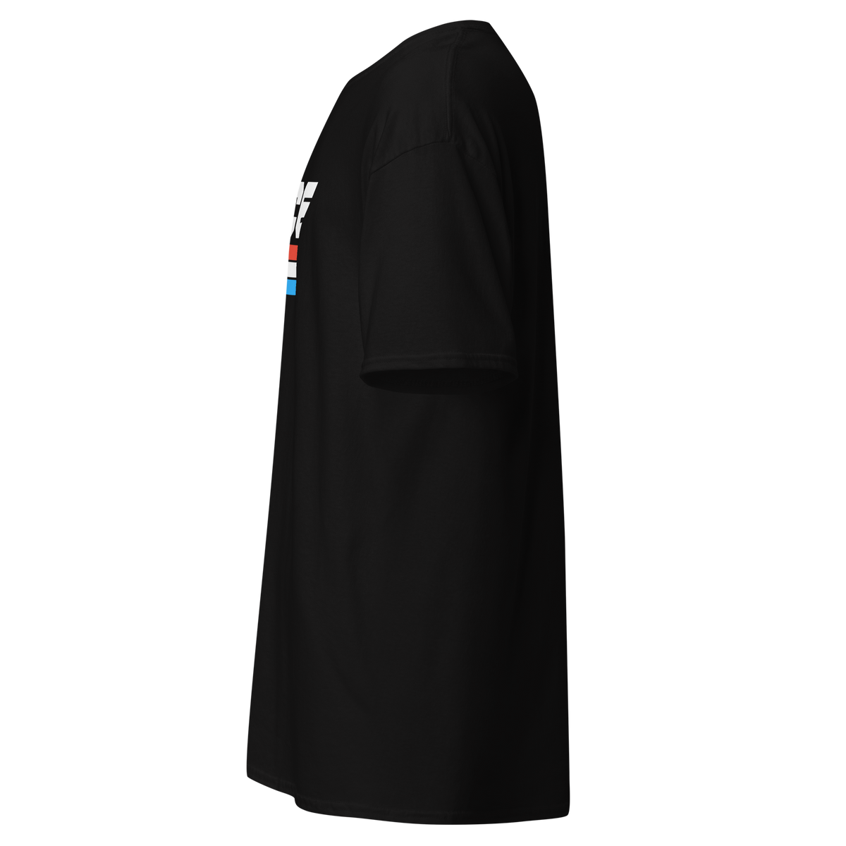 Black t-shirt shown from the side, showing the sleeve